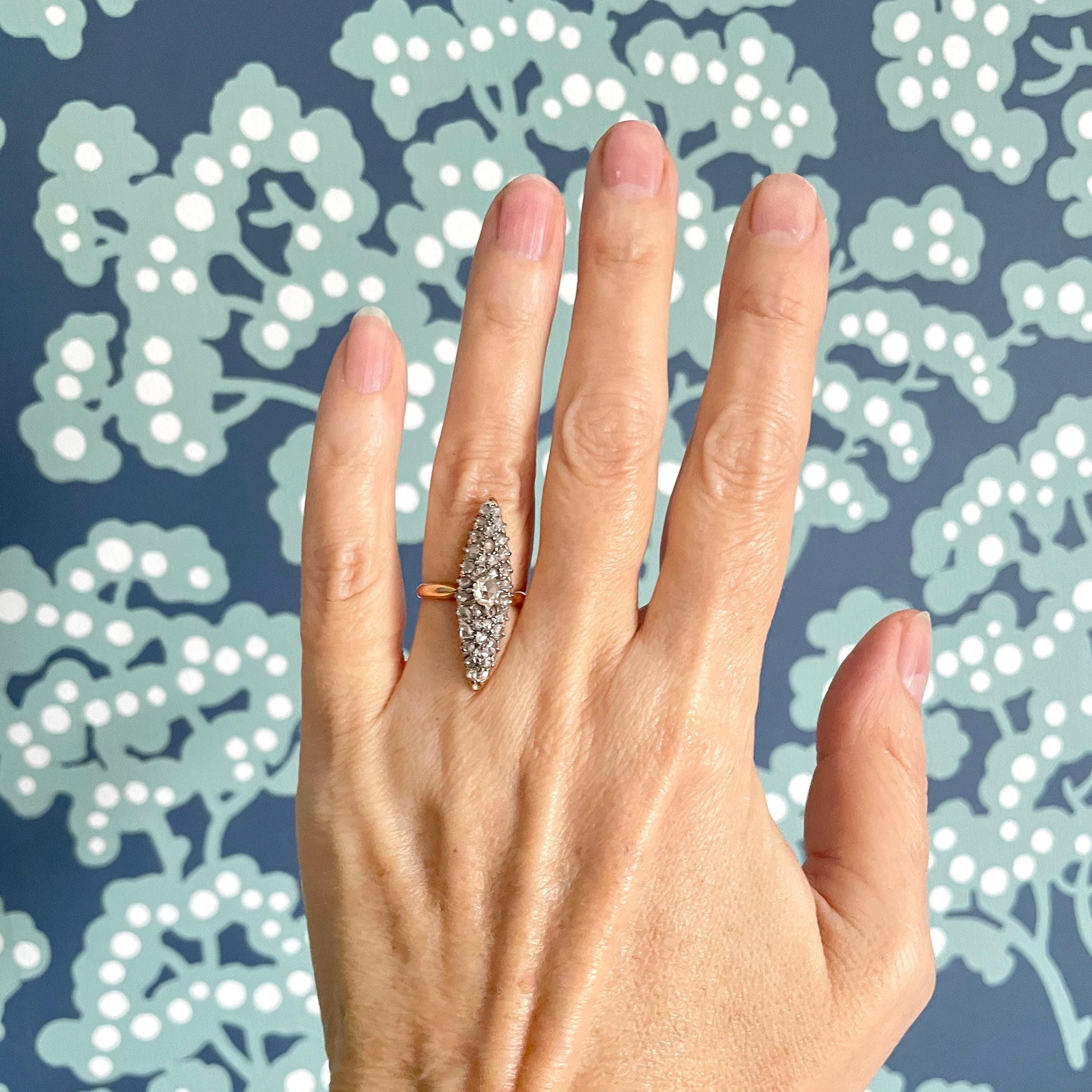 Victorian 18ct gold & silver, rose cut diamond, navette ring