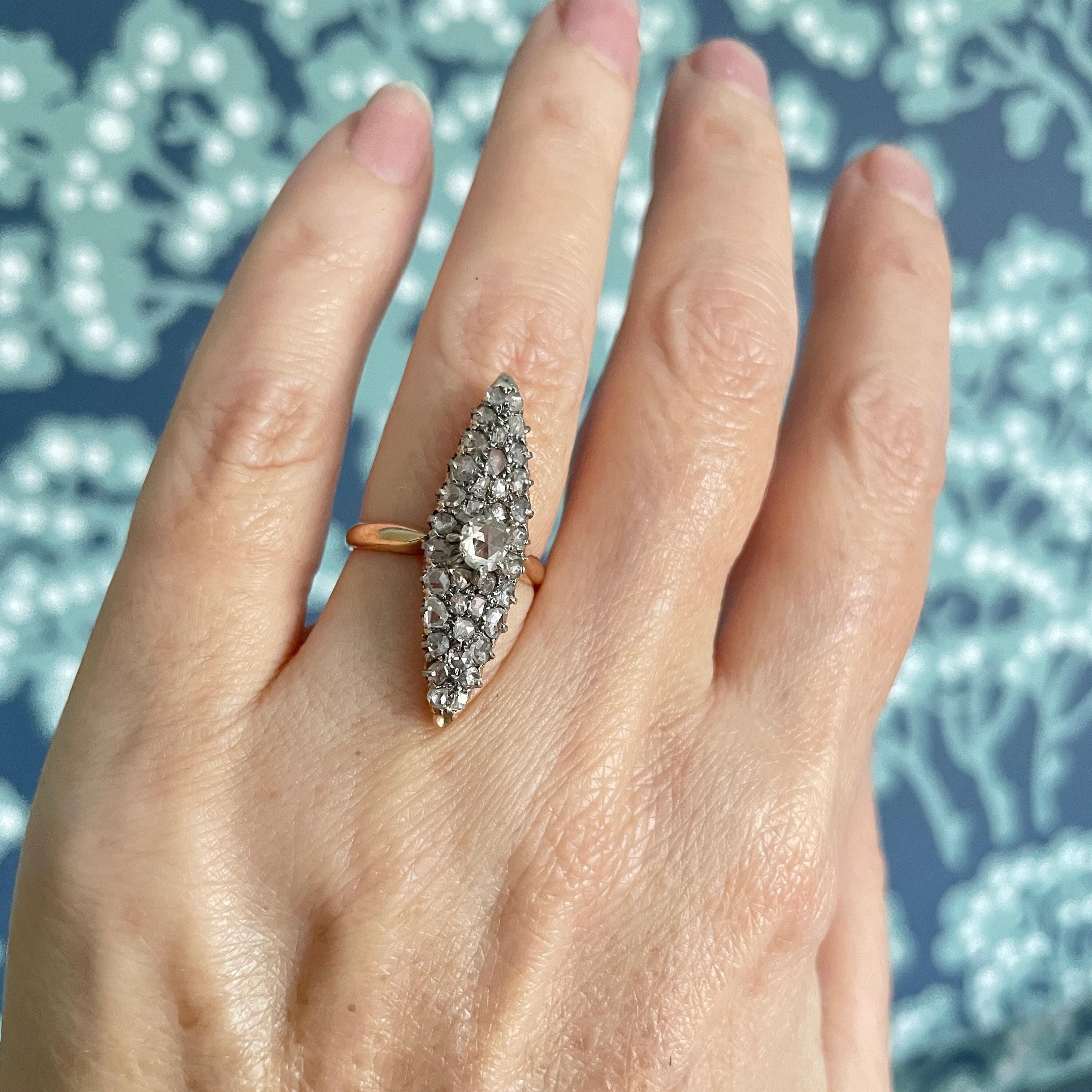 Victorian 18ct gold & silver, rose cut diamond, navette ring