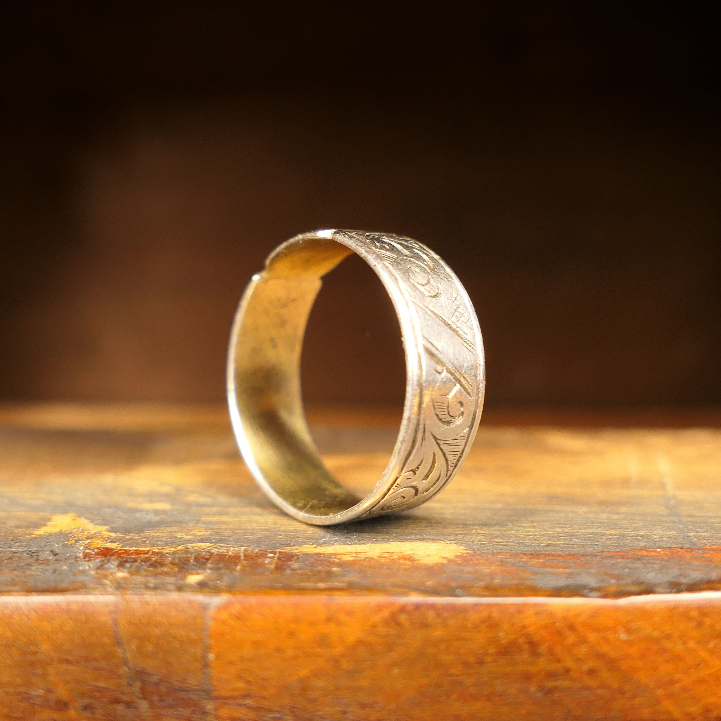 Antique, Hand Engraved, Sterling Silver Band Ring