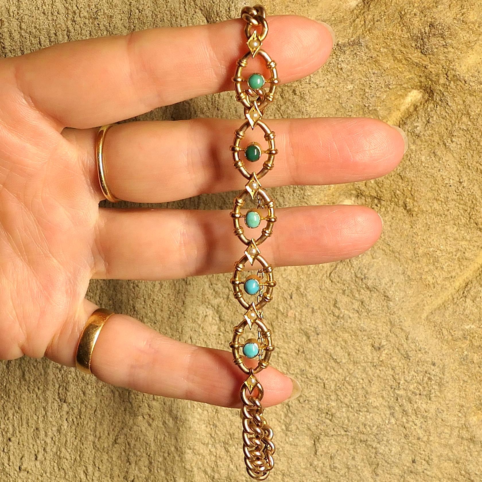 RESERVED 🧡 Antique 9ct Gold, Fancy Link, Turquoise & Pearl Bracelet, 10.2 Grams