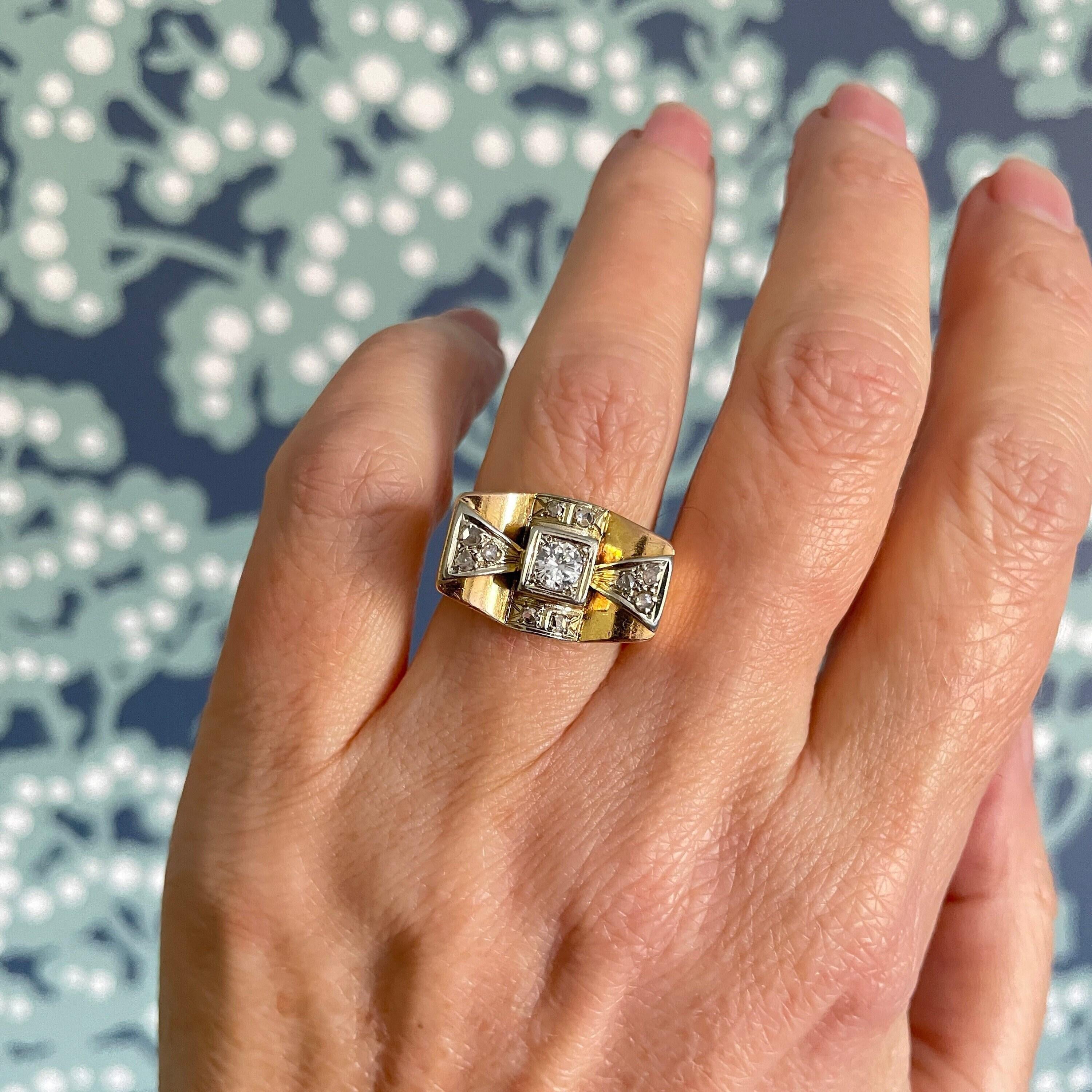 Retro 1945 18ct gold and platinum diamond tank cocktail ring on finger, geometric step design with central square diamond