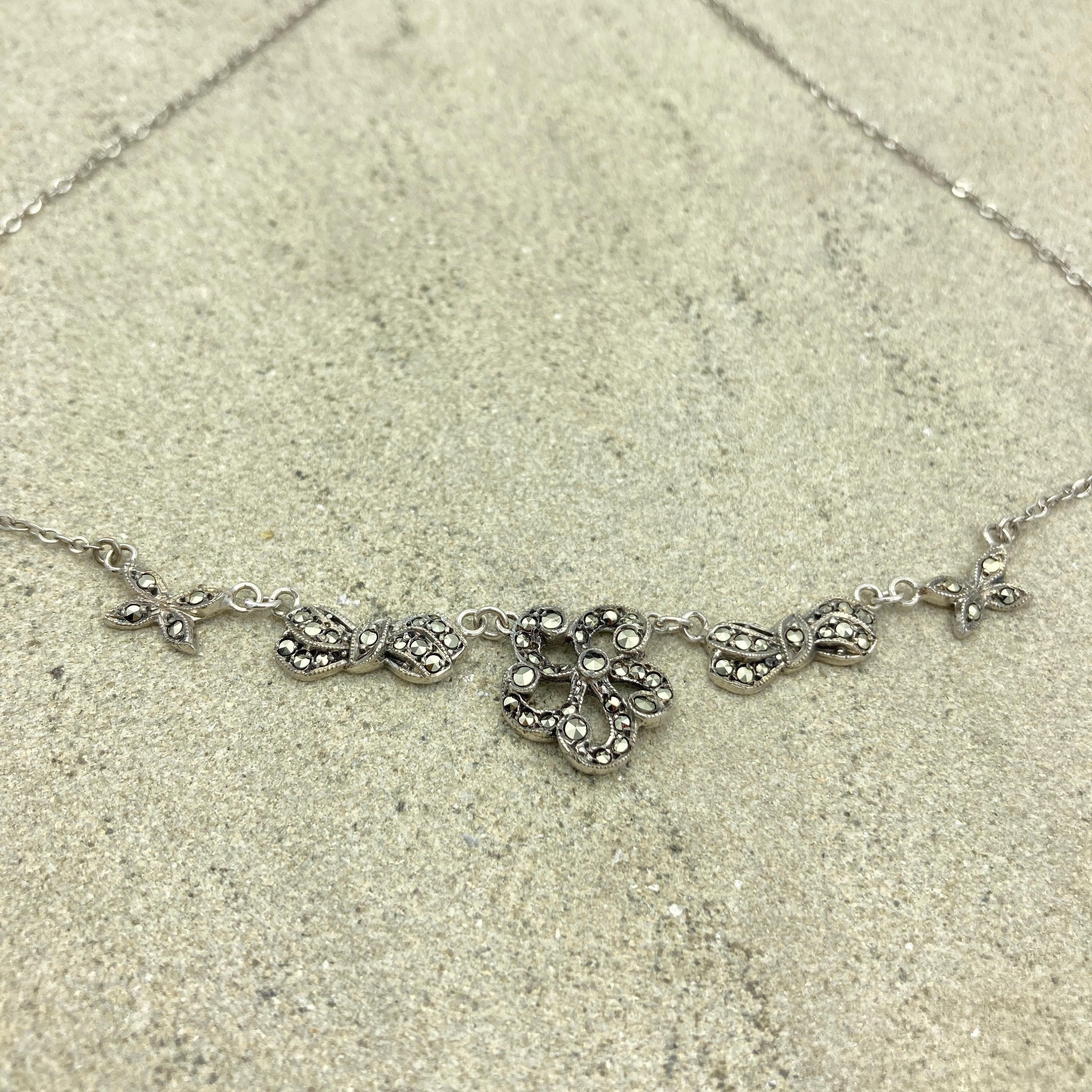 Vintage 1950s sterling silver and marcasite flower bows & butterfly necklace