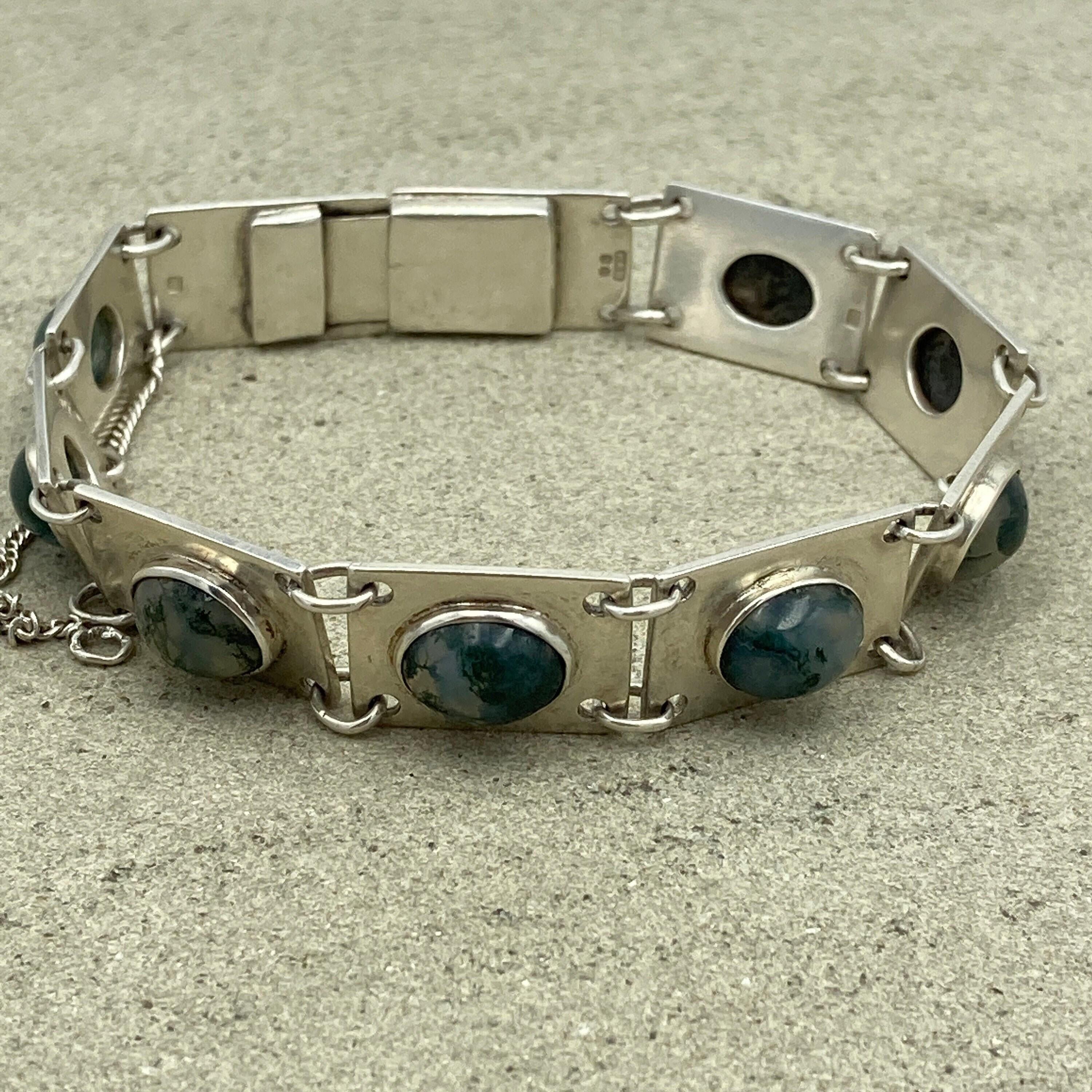 Vintage Modernist Moss Agate Sterling Silver Panel Bracelet