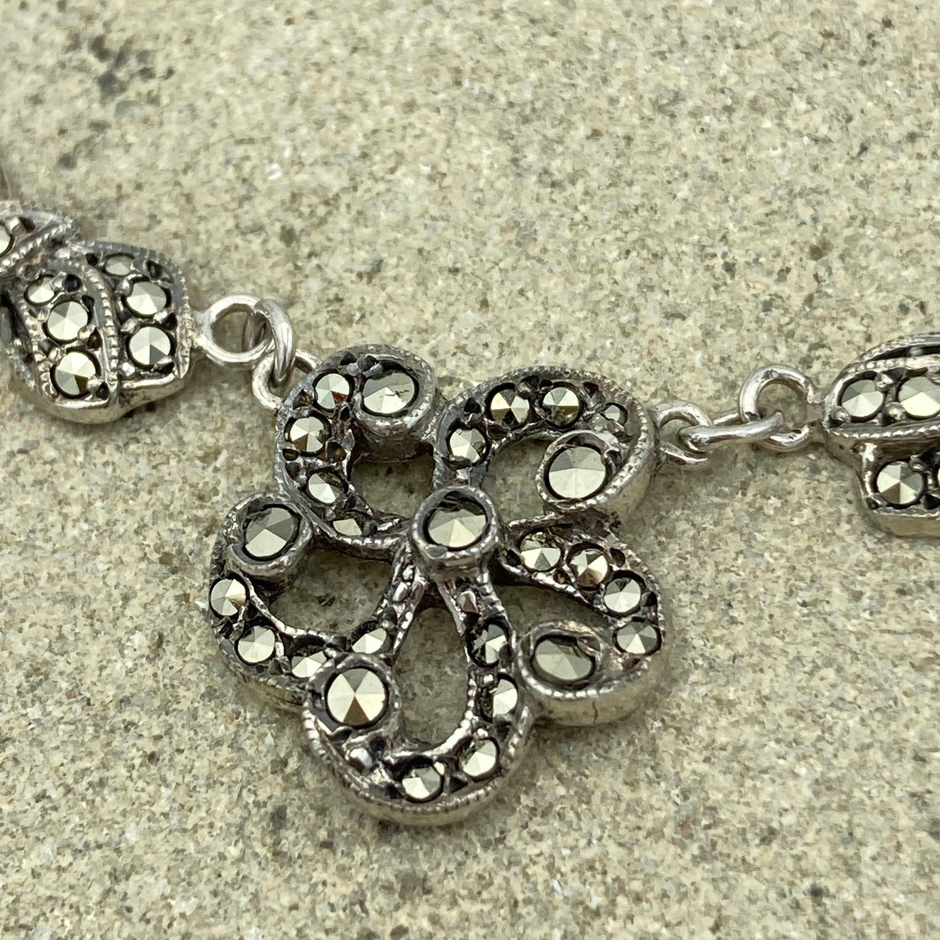 Vintage 1950s sterling silver and marcasite flower bows & butterfly necklace