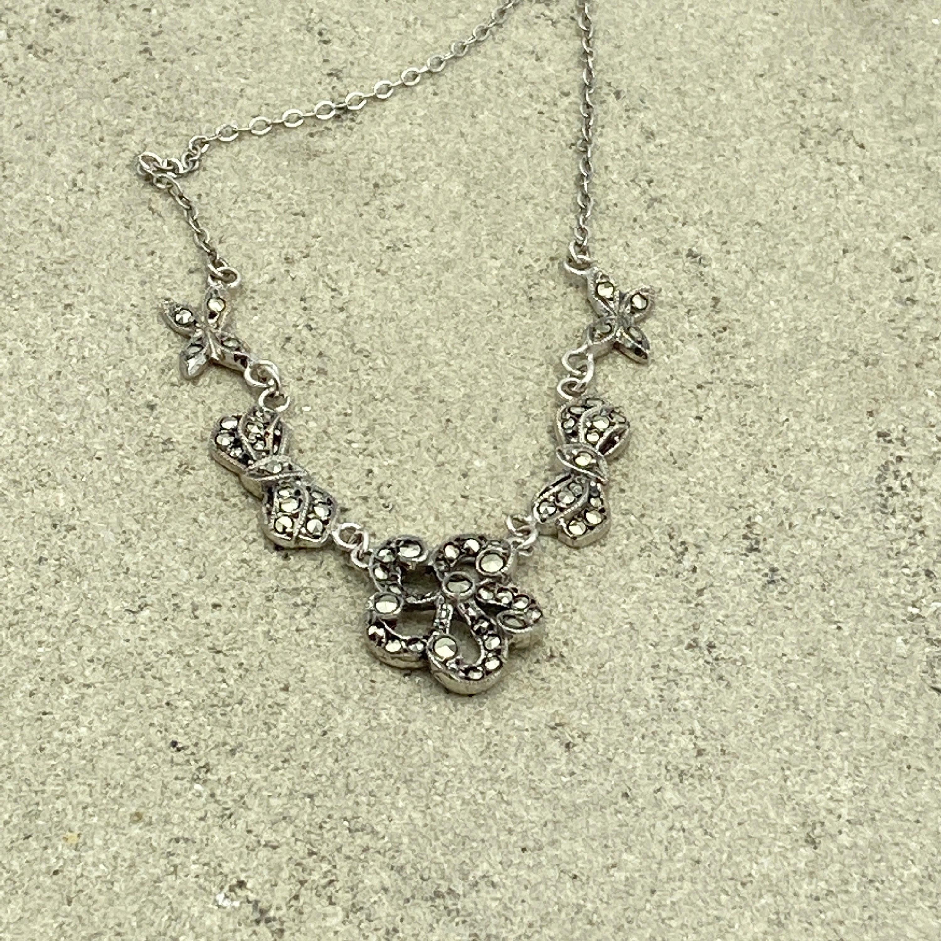 Vintage 1950s sterling silver and marcasite flower bows & butterfly necklace