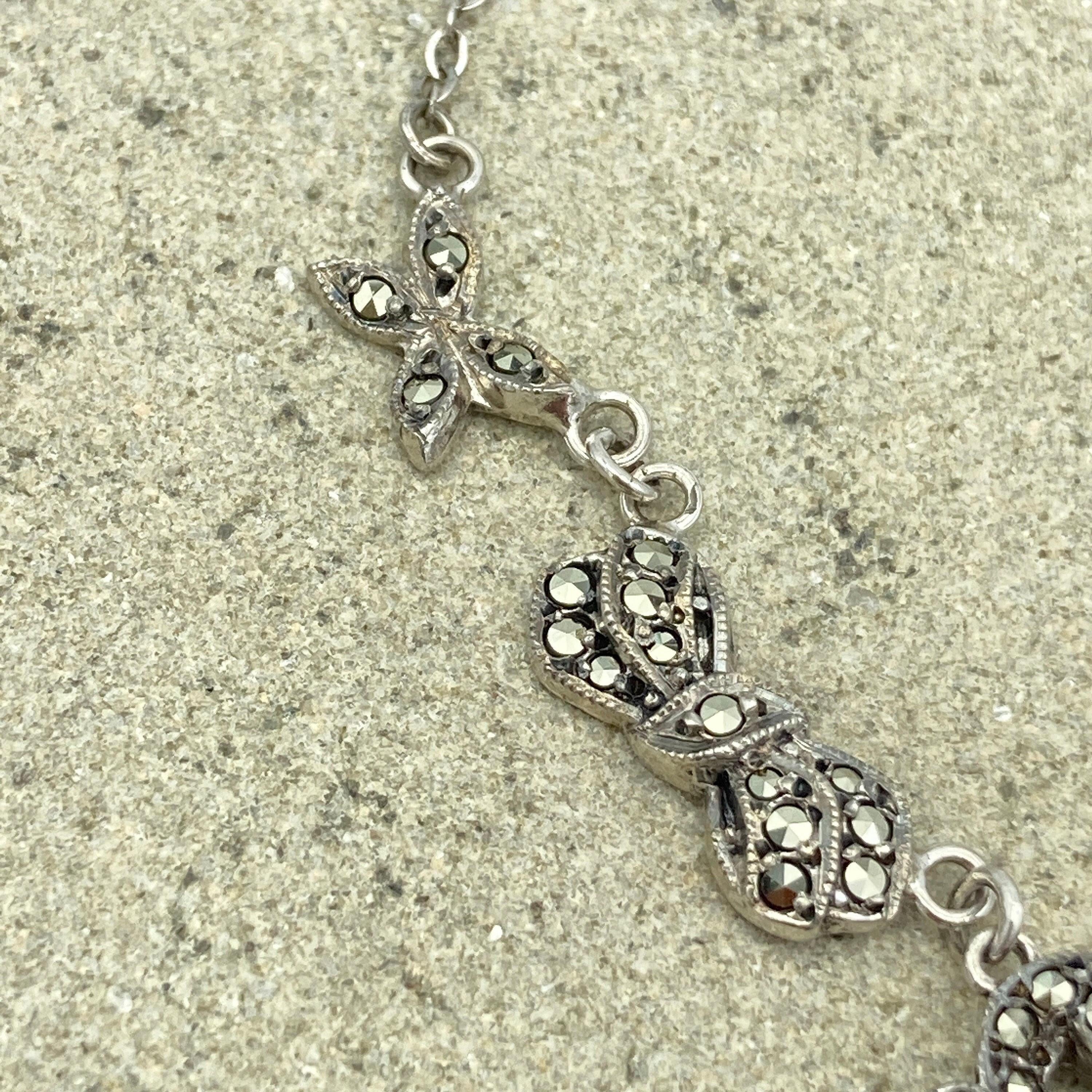 Vintage 1950s sterling silver and marcasite flower bows & butterfly necklace