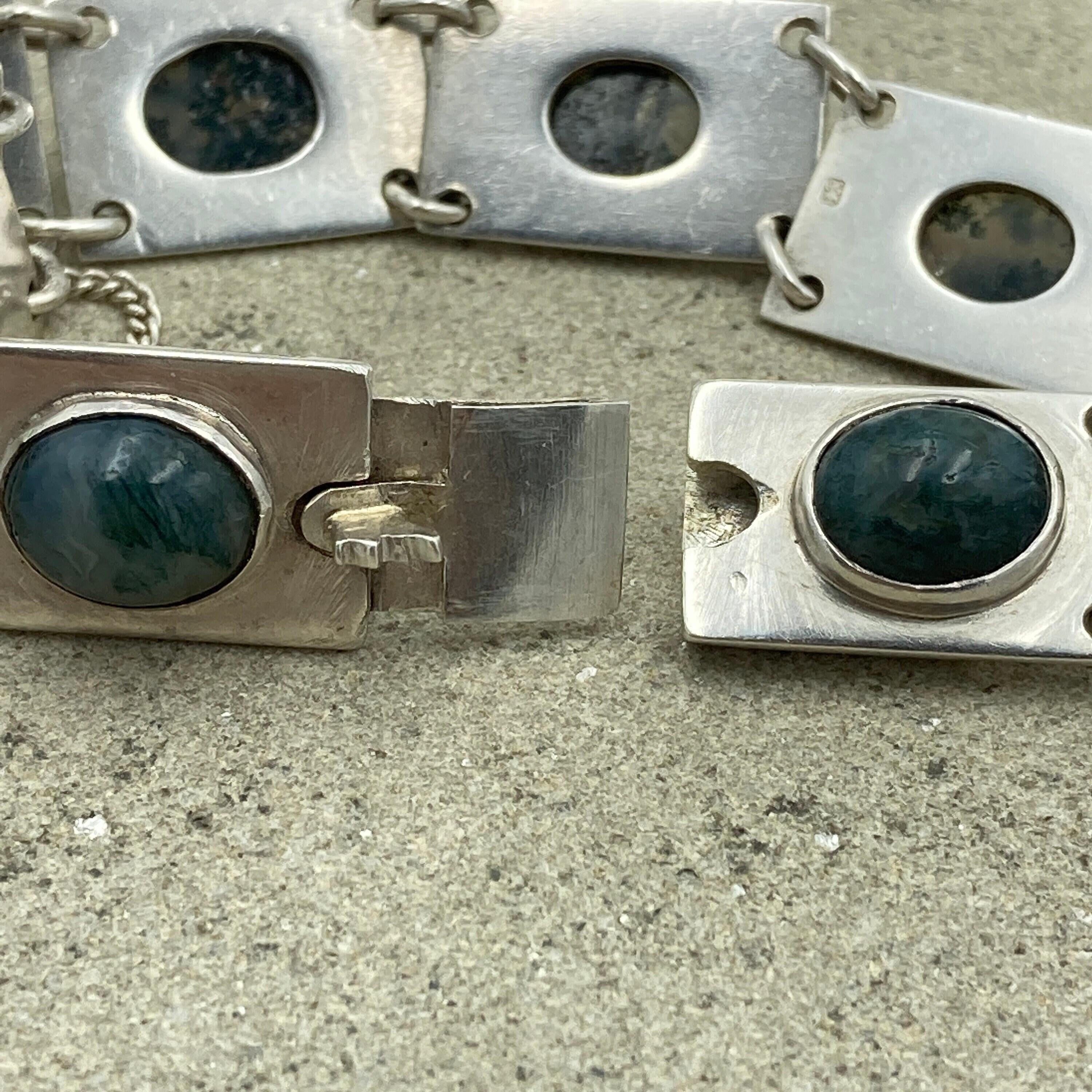 Vintage modernist moss agate hand made sterling silver articulated link panel bracelet hallmarked 1970s