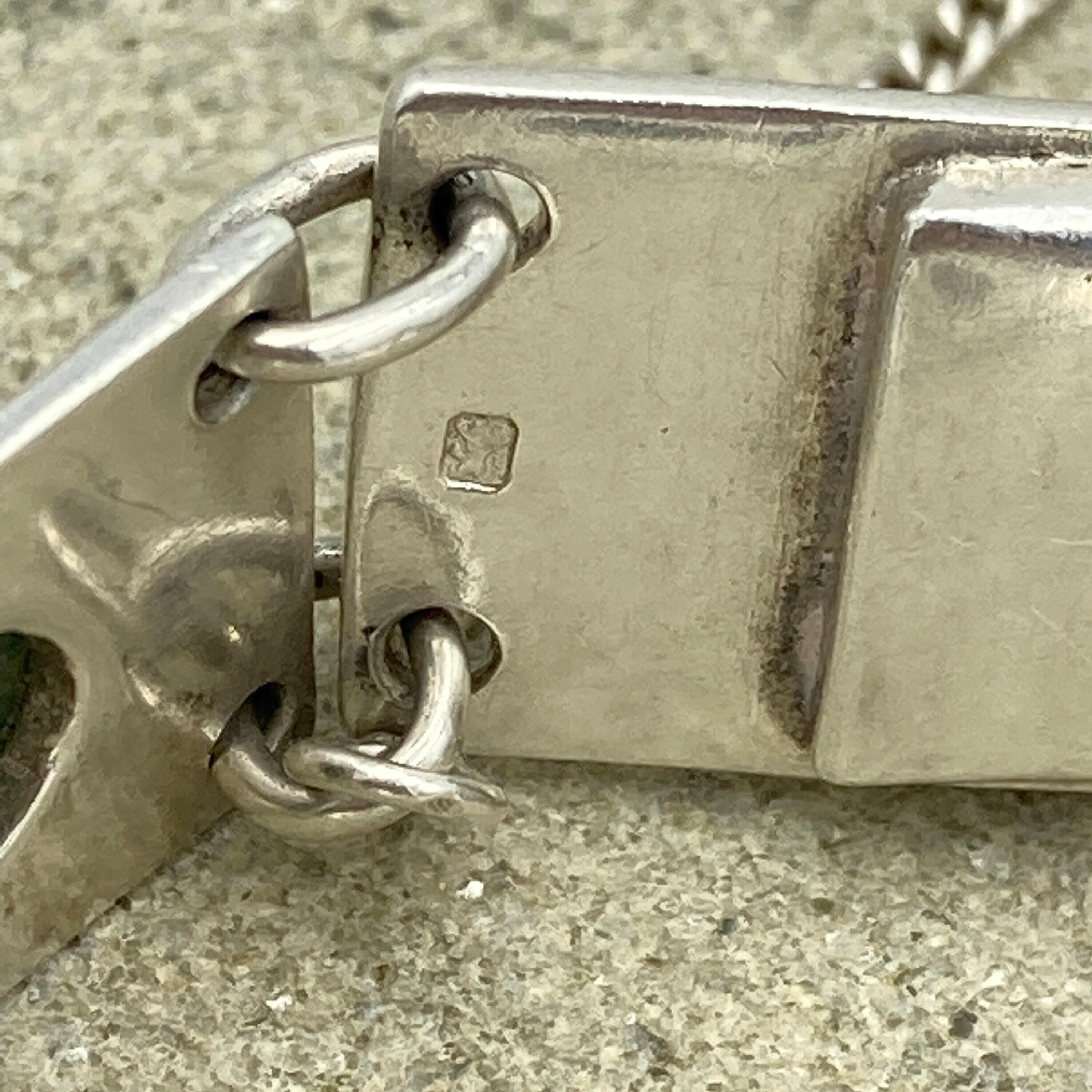 Vintage modernist moss agate hand made sterling silver articulated link panel bracelet hallmarked 1970s