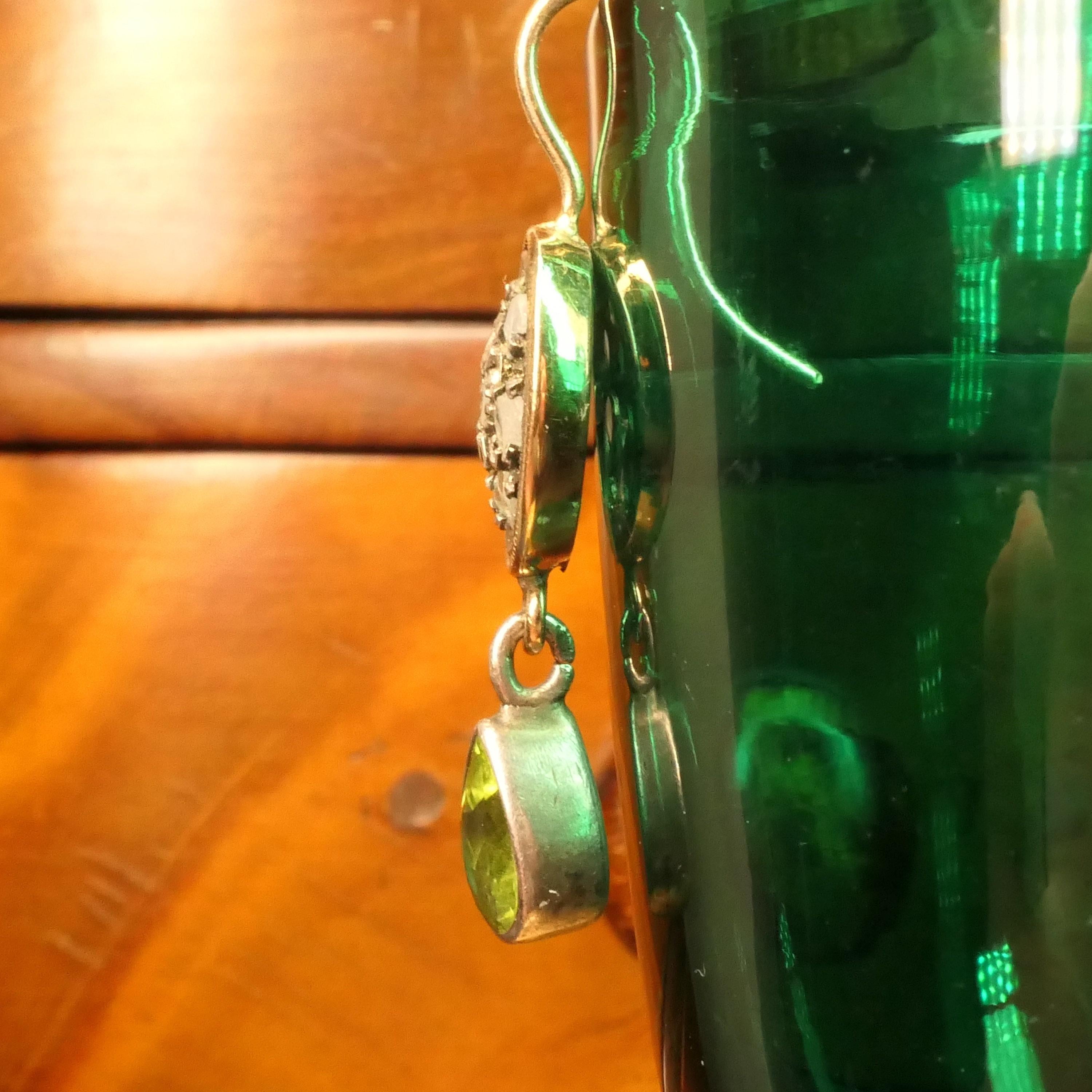 Victorian, Rose Cut Diamond, Peridot, 9ct Gold & Silver Drop Earrings