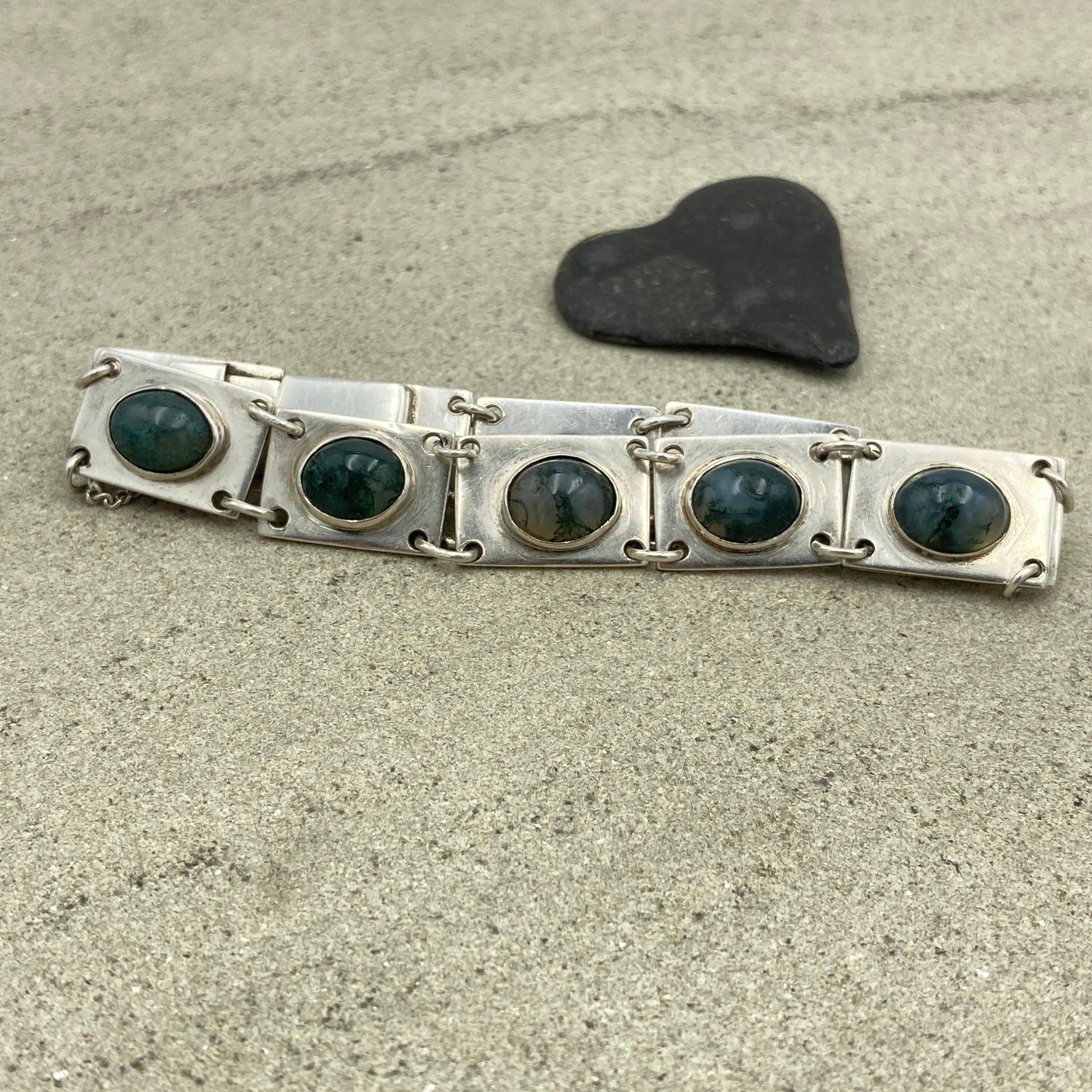 Vintage modernist moss agate hand made sterling silver articulated link panel bracelet hallmarked 1970s