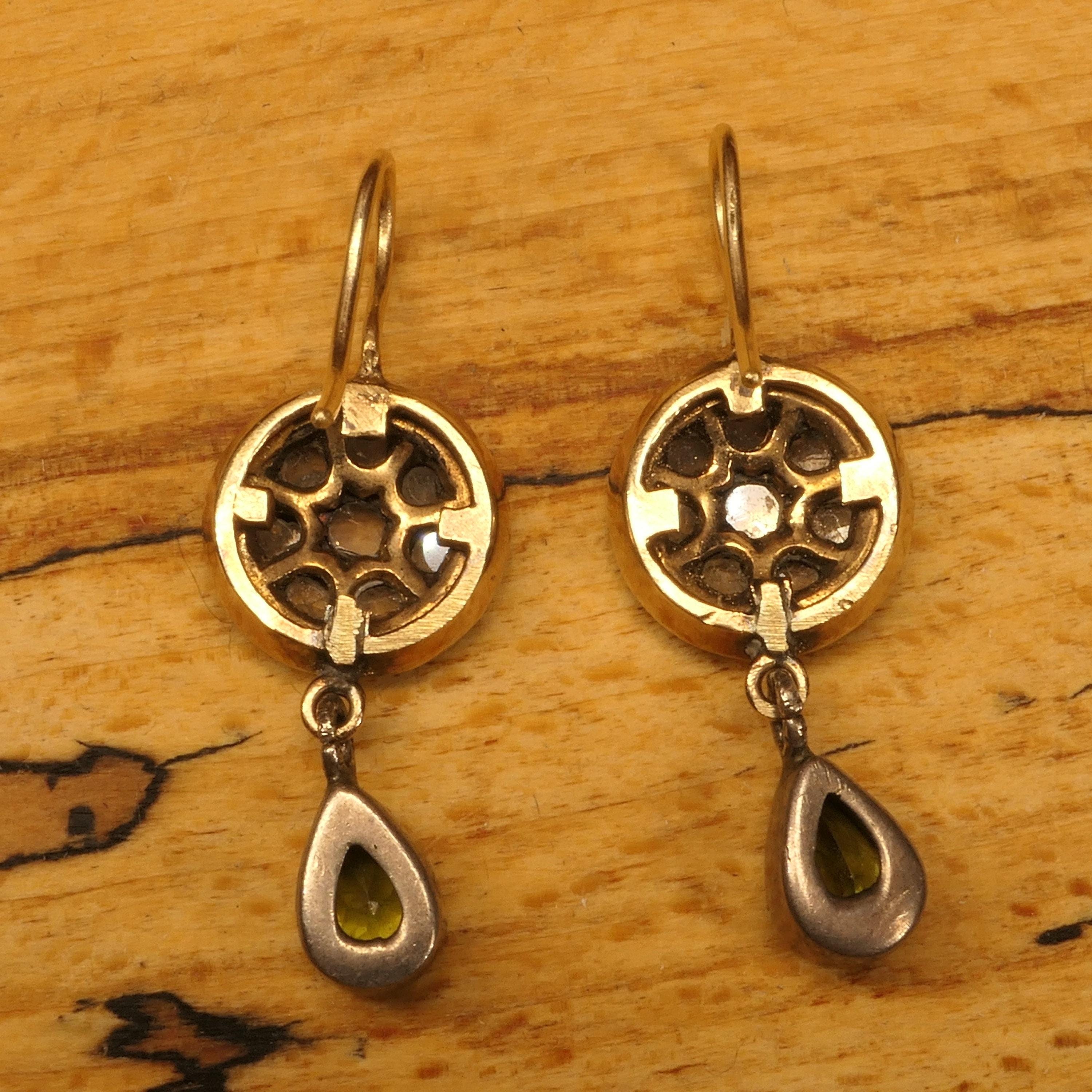 Victorian, Rose Cut Diamond, Peridot, 9ct Gold & Silver Drop Earrings