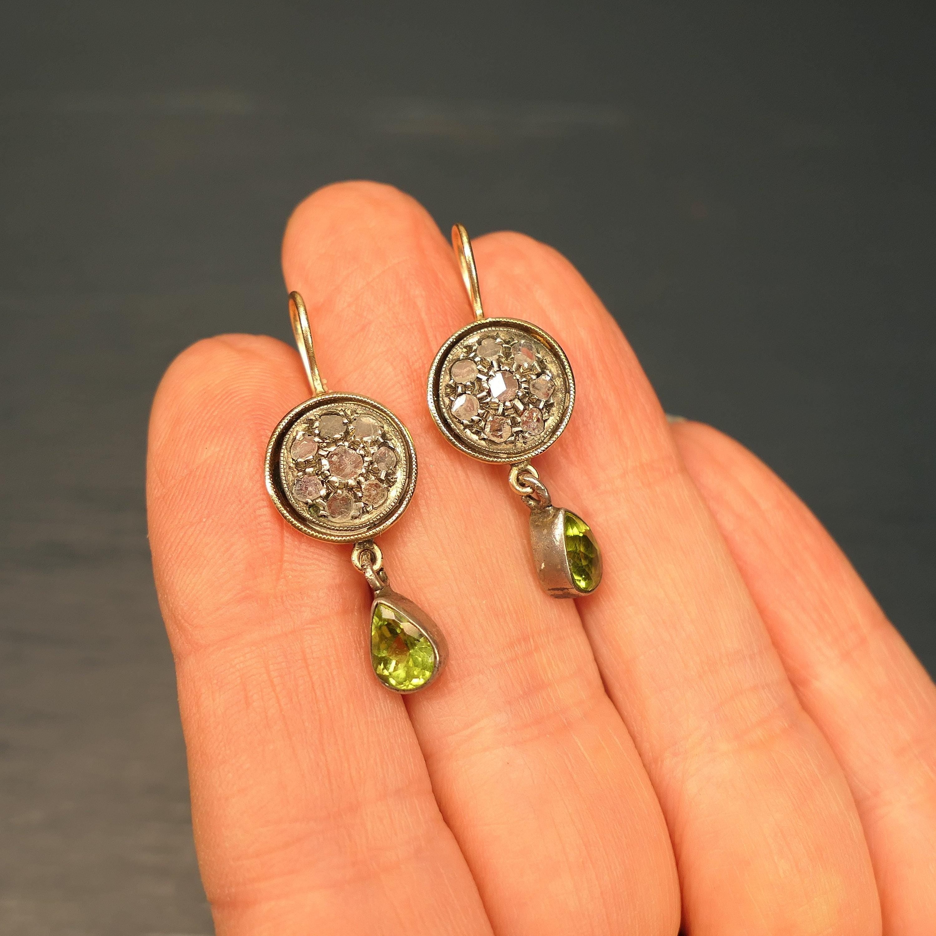 Victorian, Rose Cut Diamond, Peridot, 9ct Gold & Silver Drop Earrings