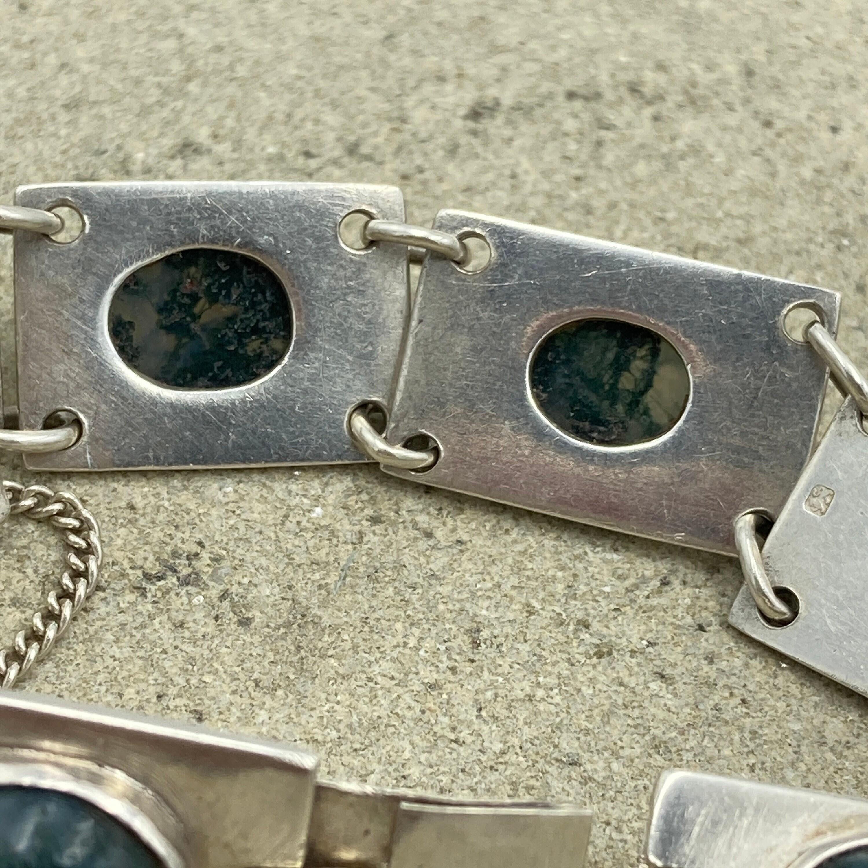 Vintage modernist moss agate hand made sterling silver articulated link panel bracelet hallmarked 1970s