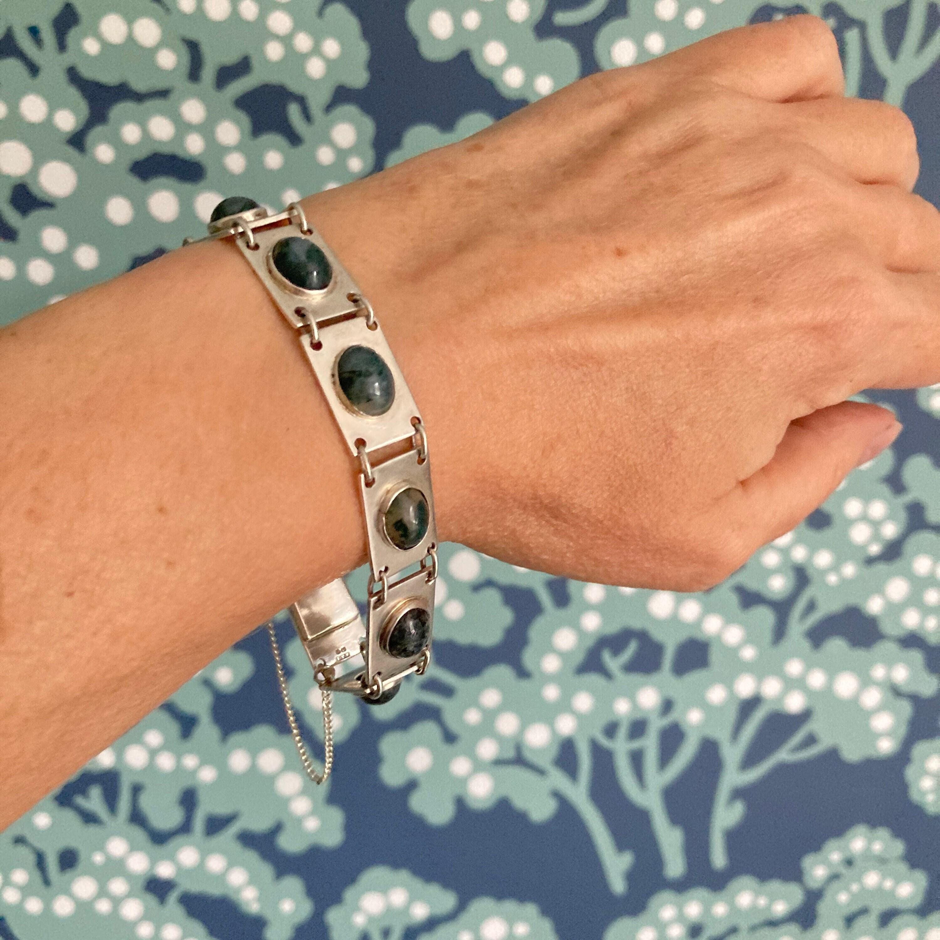 Vintage modernist moss agate hand made sterling silver articulated link panel bracelet hallmarked 1970s