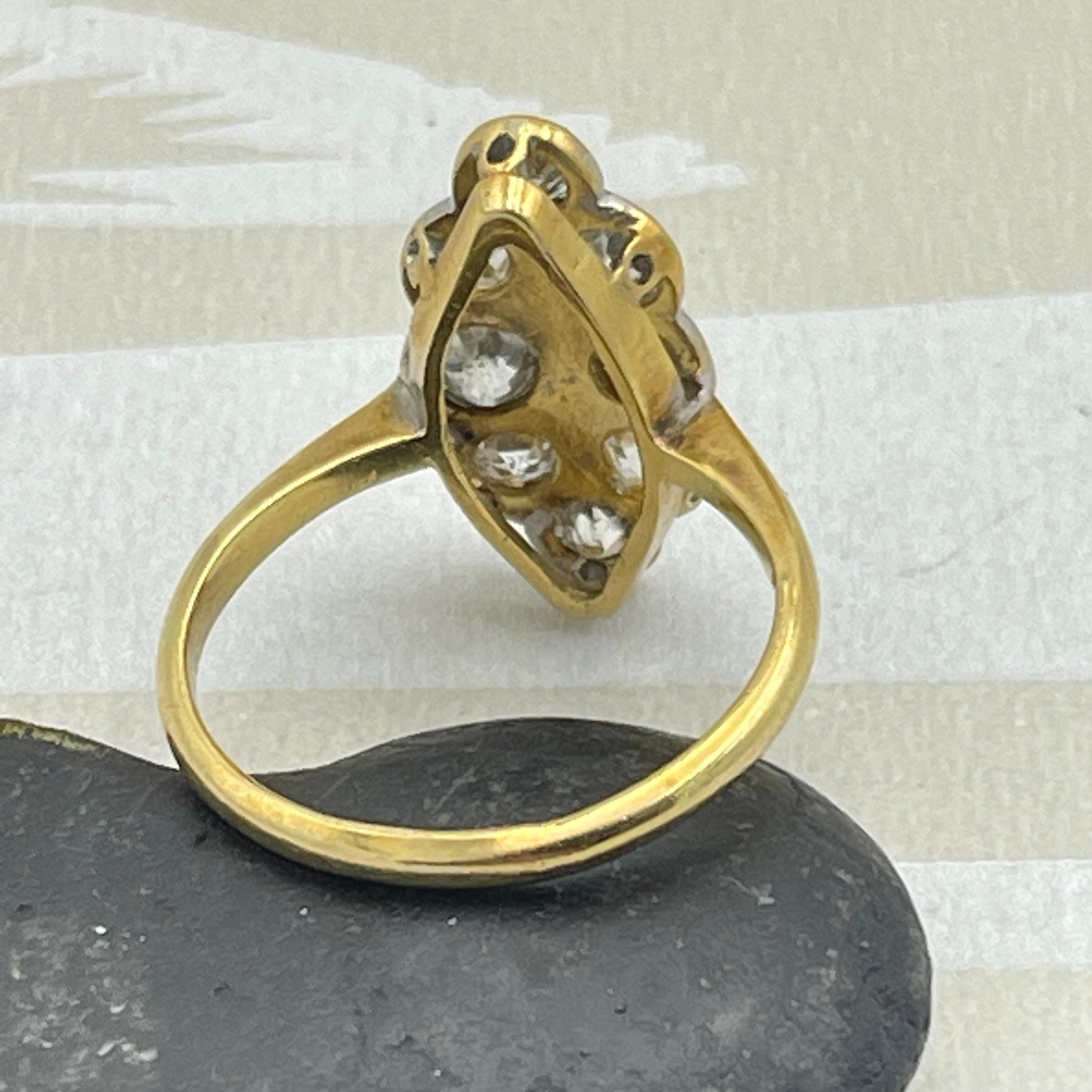 Edwardian 18ct gold & platinum old cut diamond navette ring