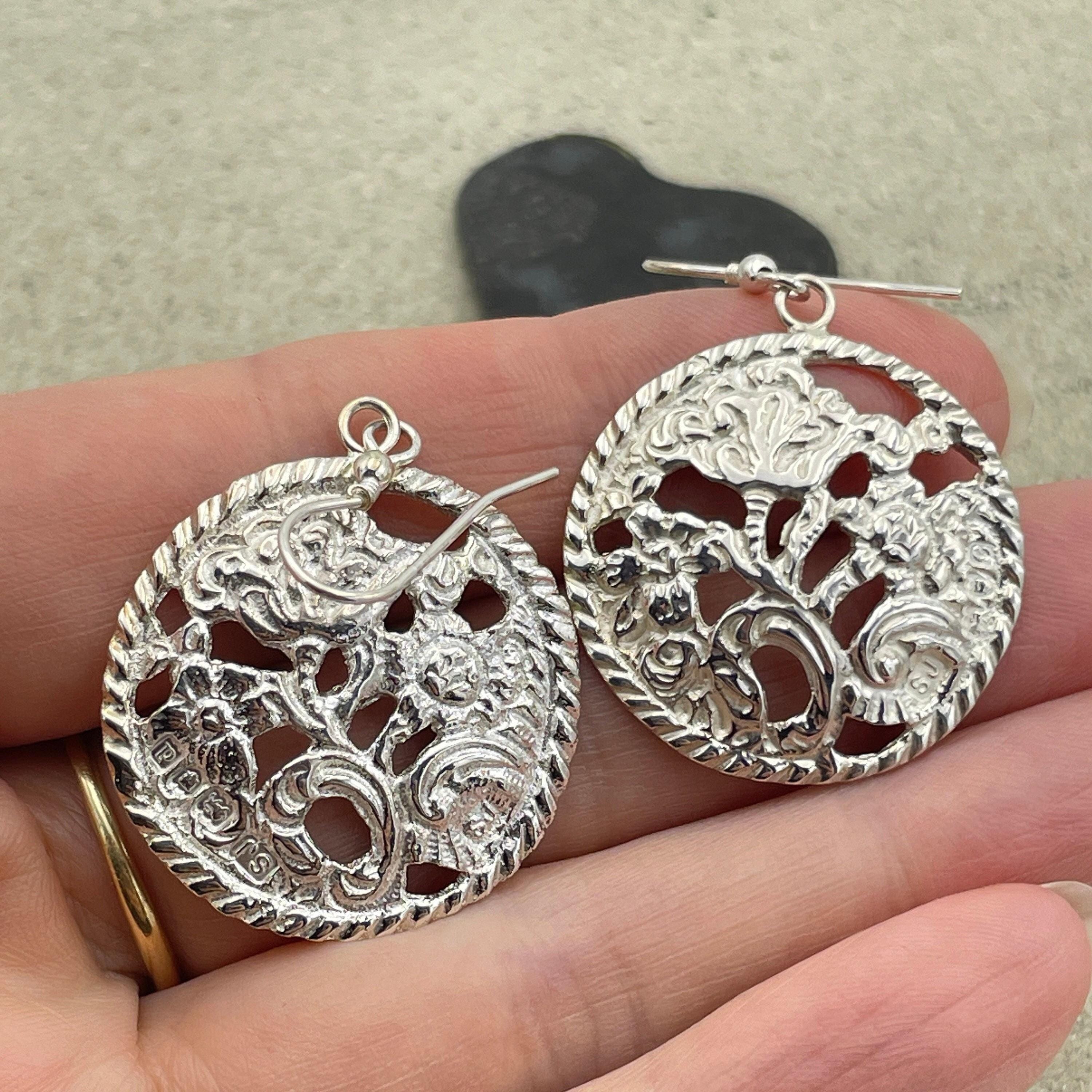 Victorian button sterling silver drop earrings, hallmarked 1899