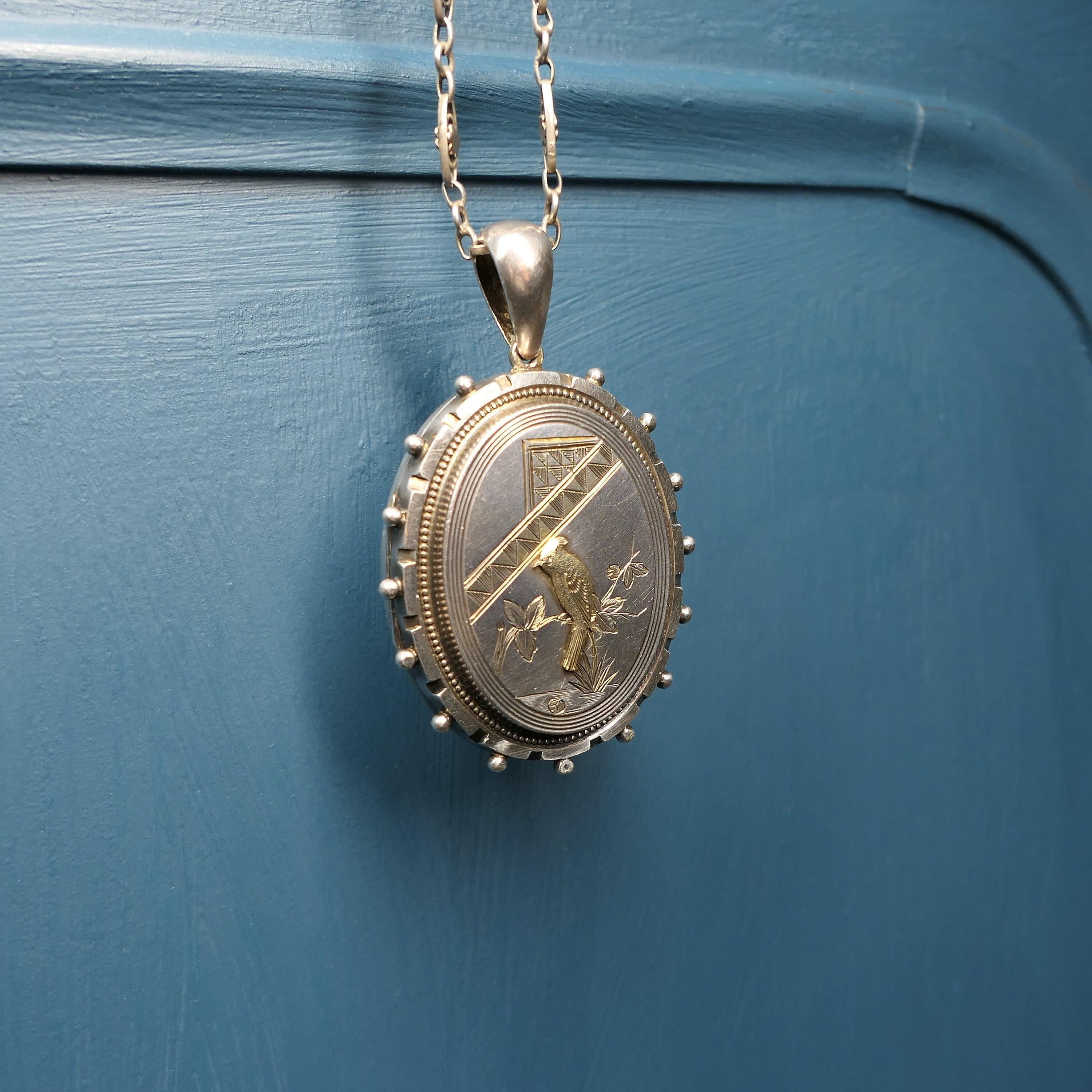Victorian, Aesthetic Movement Large Sterling Silver Locket, With Bird Motif