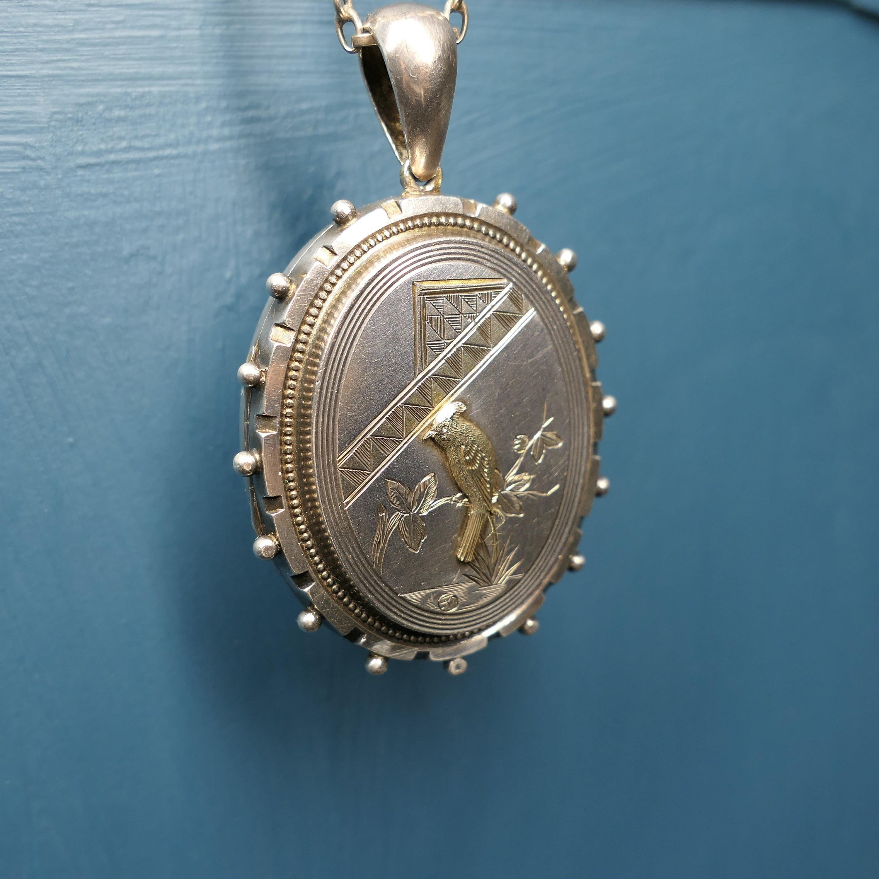Victorian, Aesthetic Movement Large Sterling Silver Locket, With Bird Motif