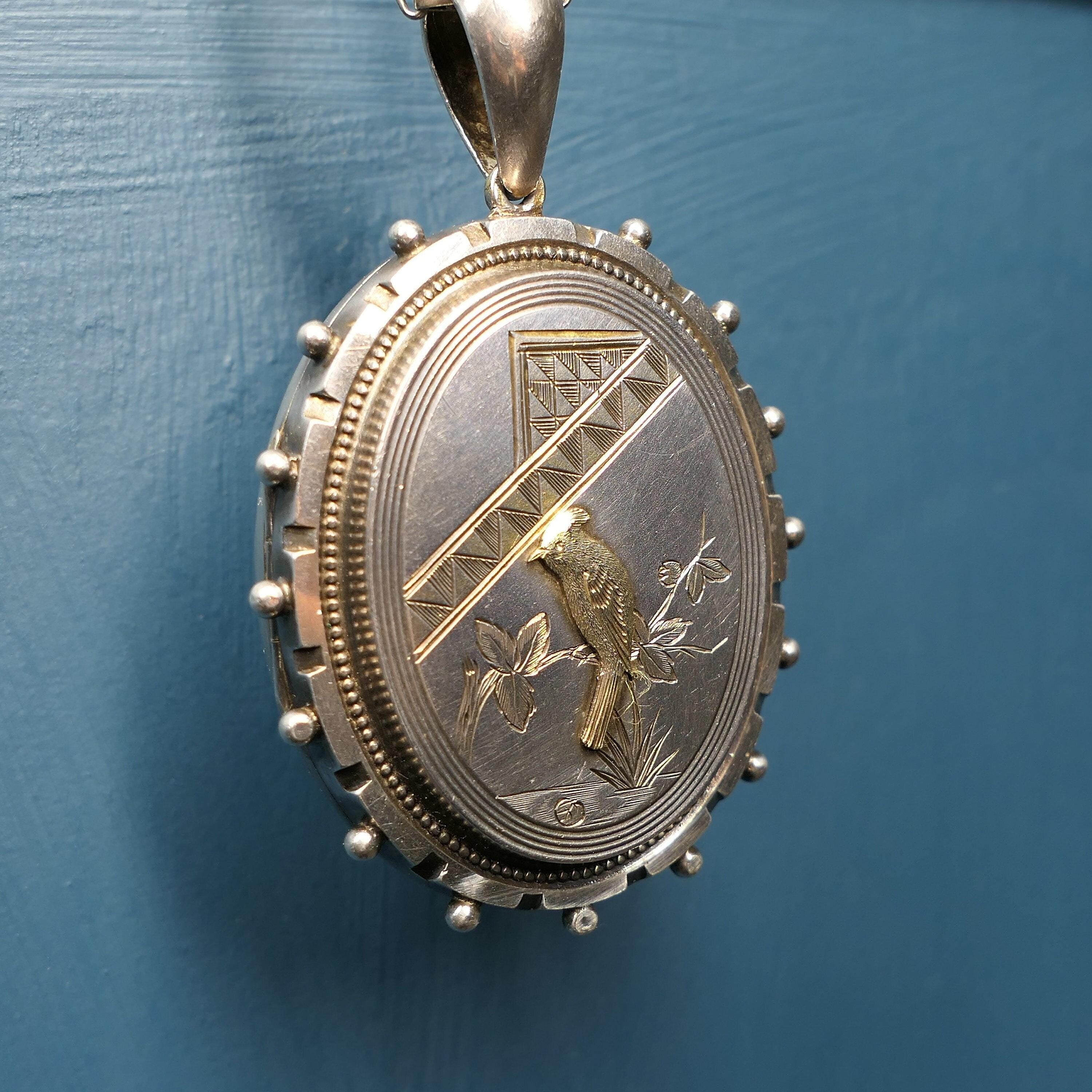 Victorian, Aesthetic Movement Large Sterling Silver Locket, With Bird Motif