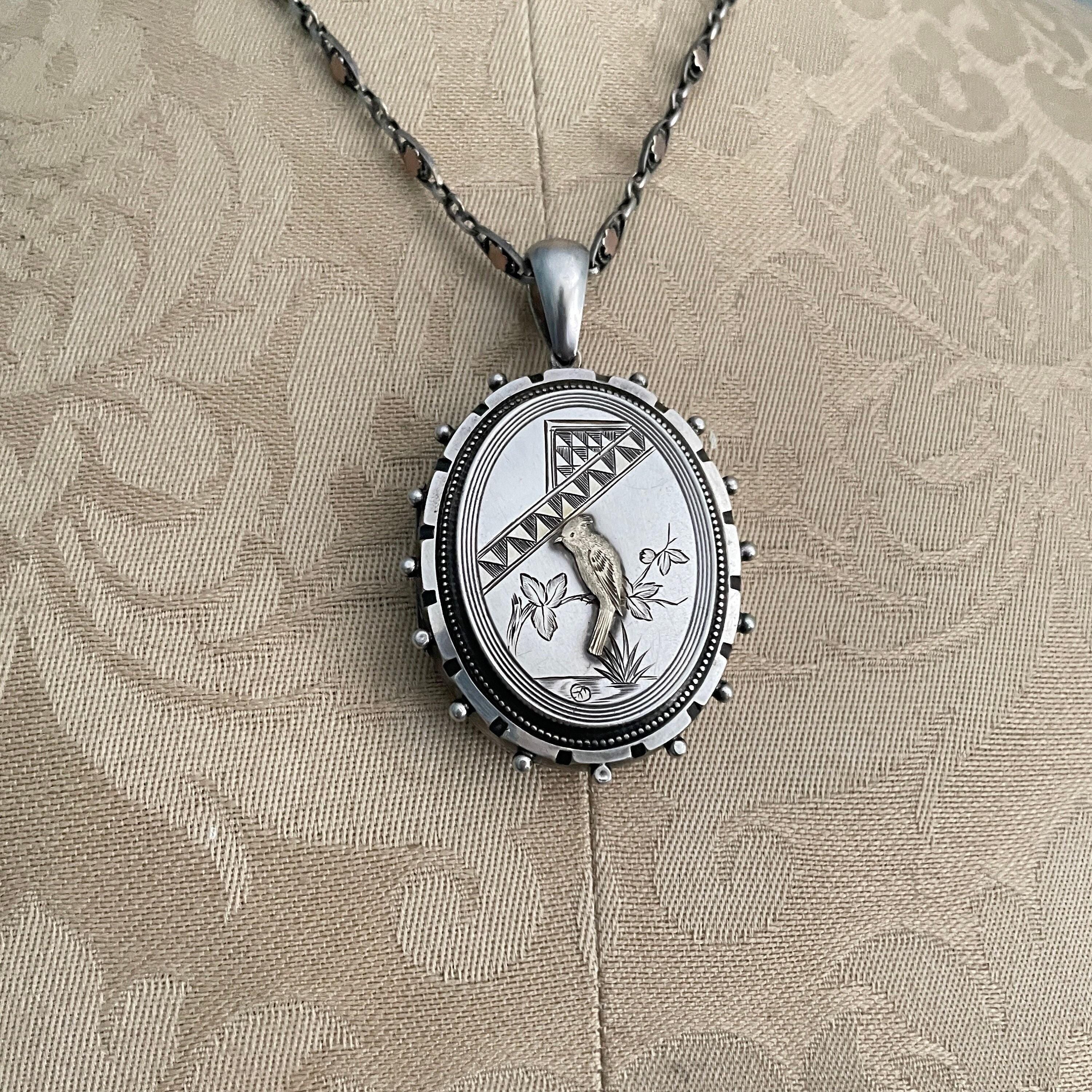 Victorian, Aesthetic Movement Large Sterling Silver Locket, With Bird Motif