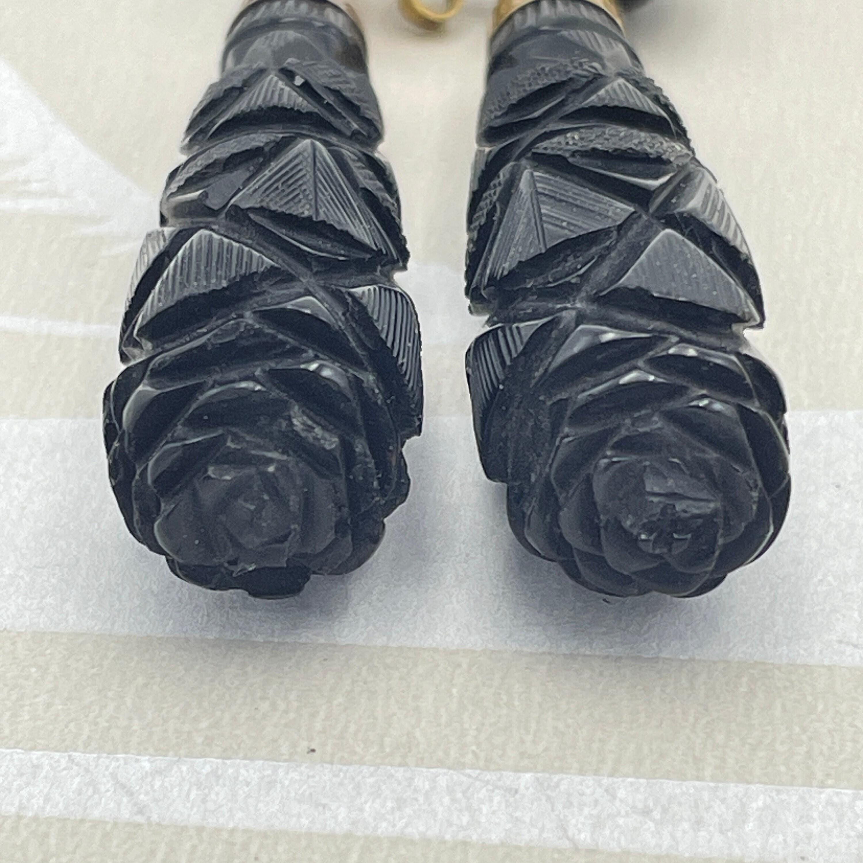 Victorian Carved Whitby Jet & 9ct Gold, Torpedo Drop Earrings