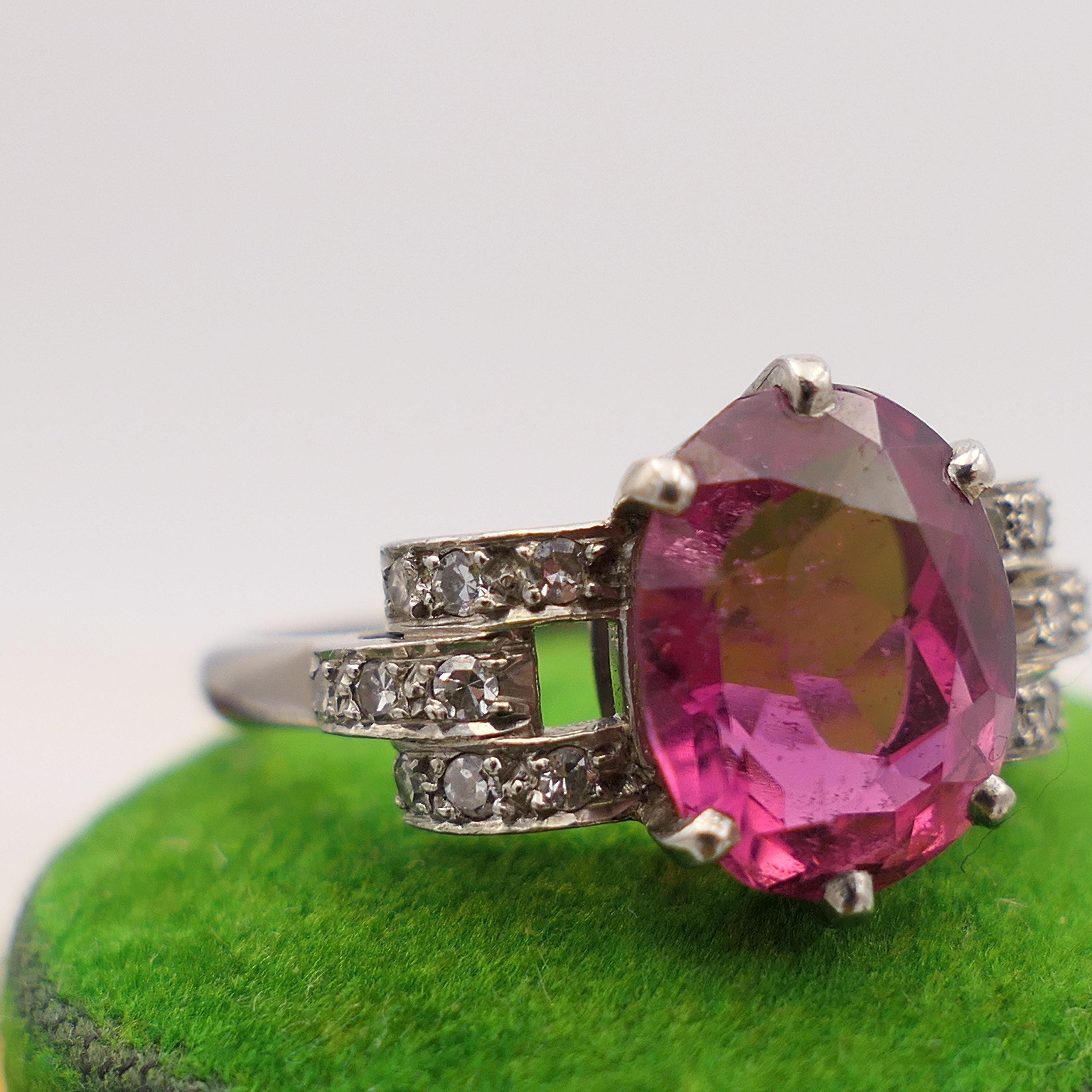 1930's Art Deco, Palladium, Rubellite Tourmaline & Diamond Dress Ring