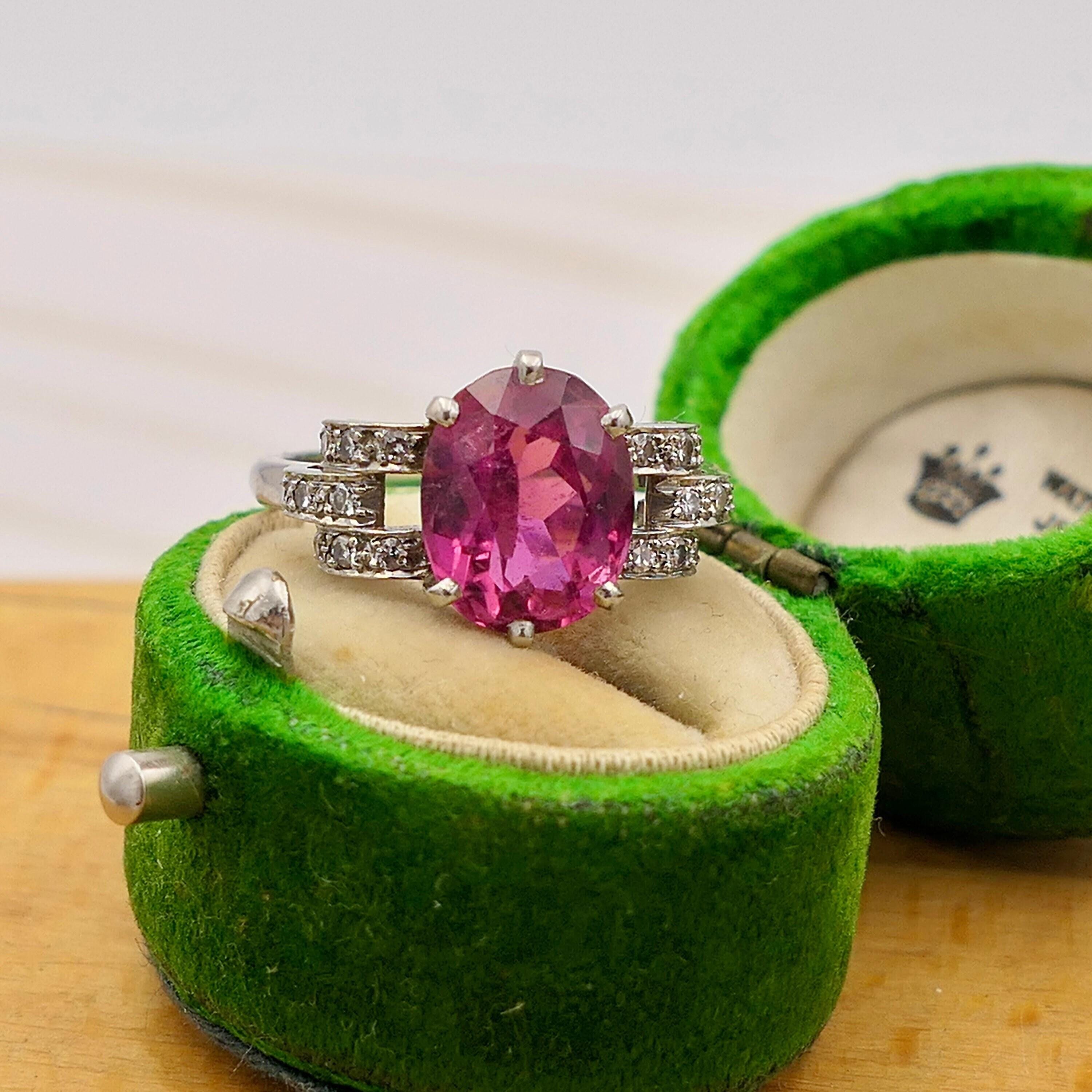 1930's Art Deco, Palladium, Rubellite Tourmaline & Diamond Dress Ring