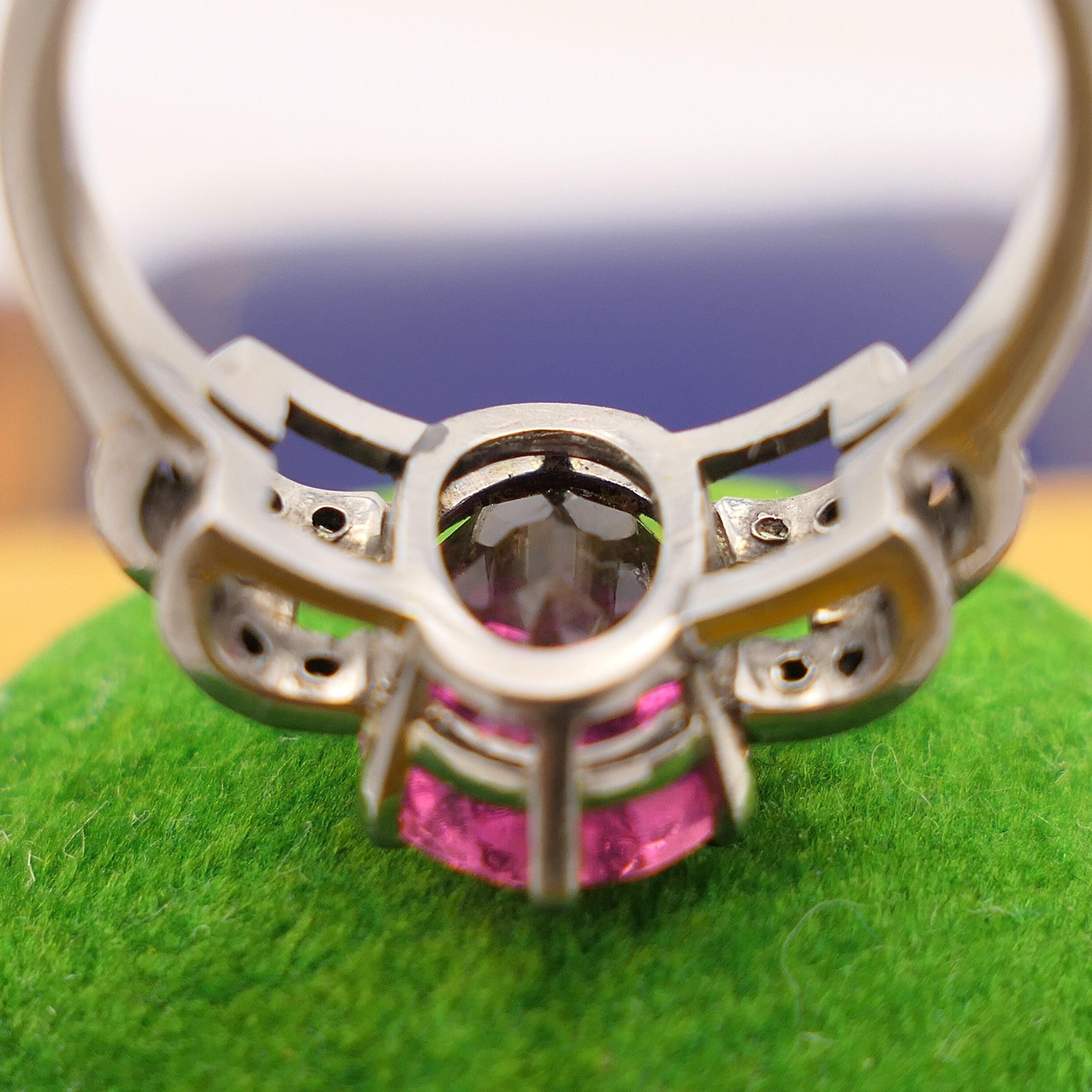 1930's Art Deco, Palladium, Rubellite Tourmaline & Diamond Dress Ring