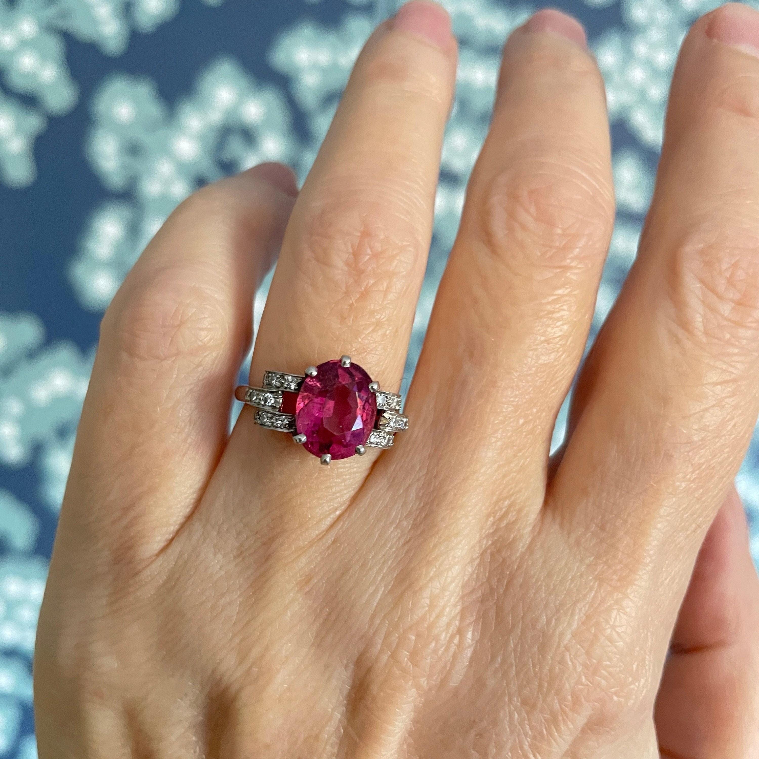 1930's Art Deco, Palladium, Rubellite Tourmaline & Diamond Dress Ring