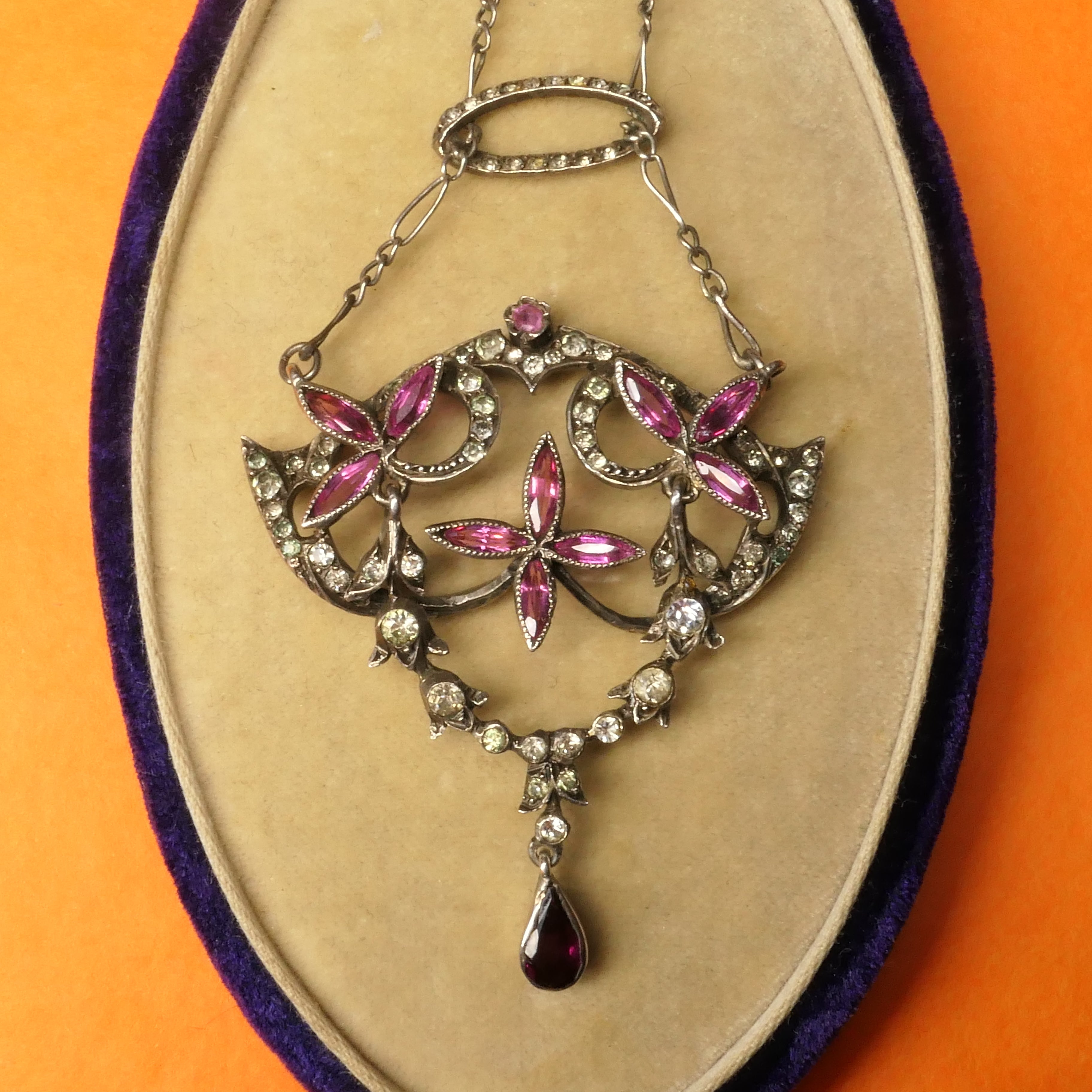 French Antique, Belle Epoque, Silver & Paste, Pendant Necklace c1900