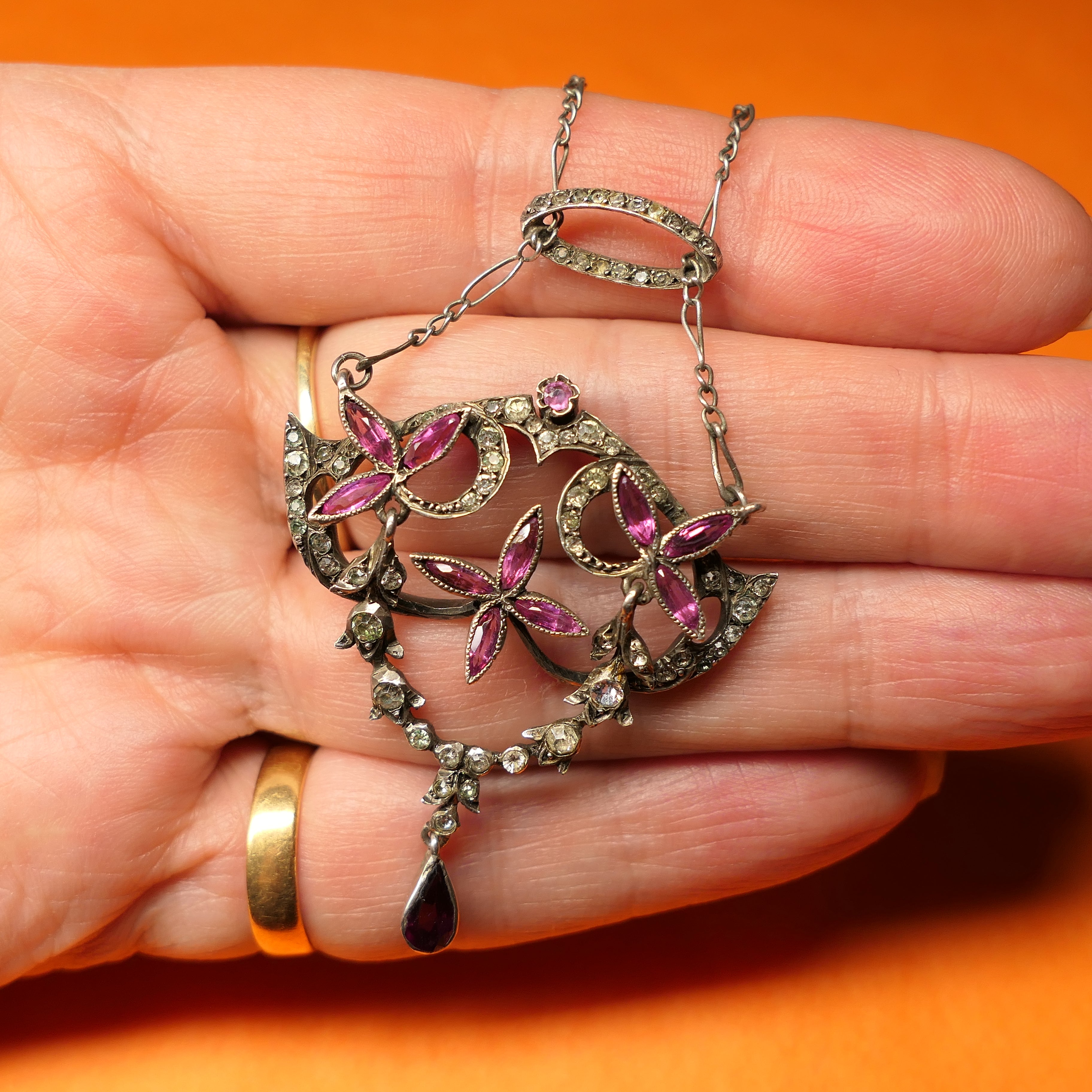 French Antique, Belle Epoque, Silver & Paste, Pendant Necklace c1900