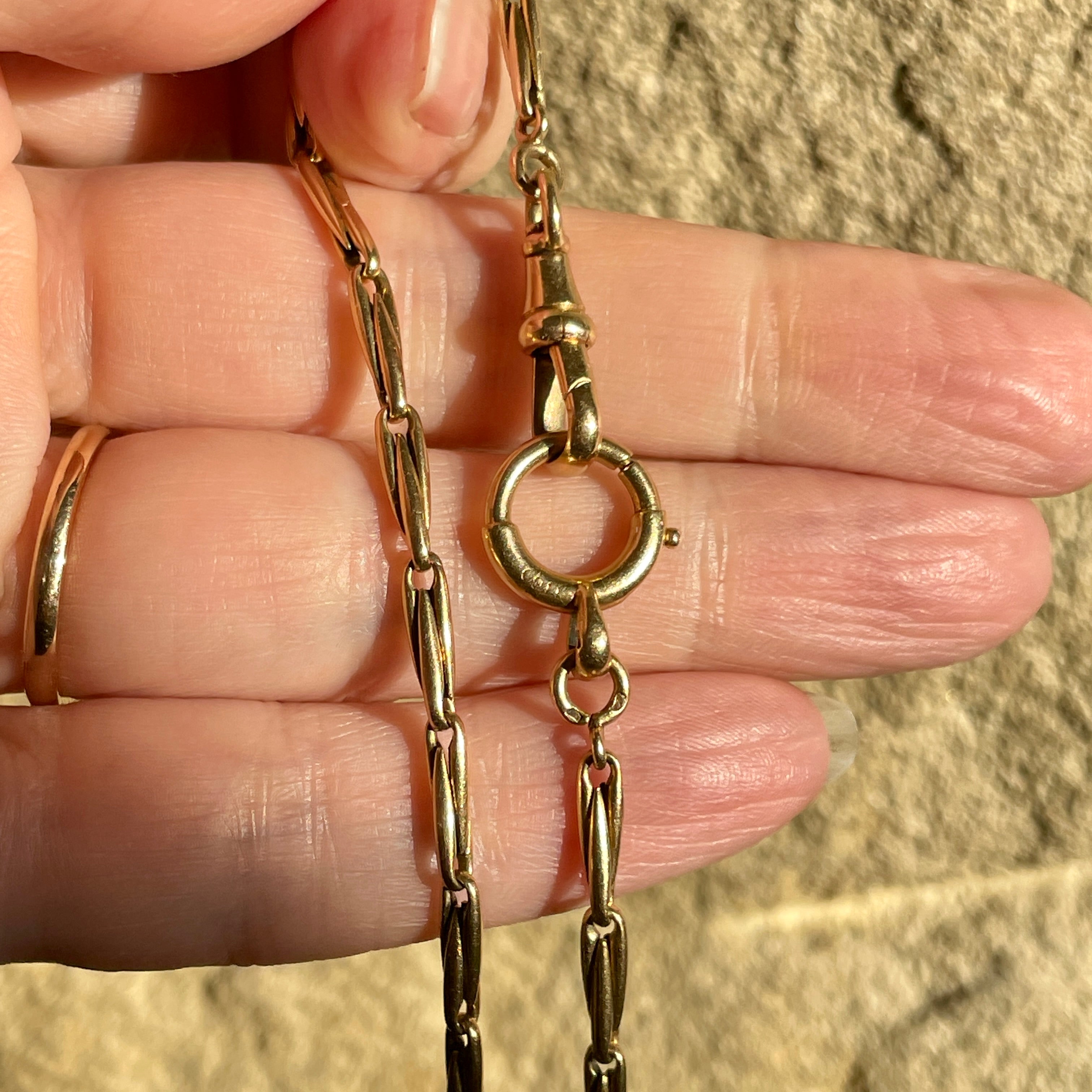 Antique, French, 18ct Gold Watch Chain, dog clip and bolt ring clasp, c1900