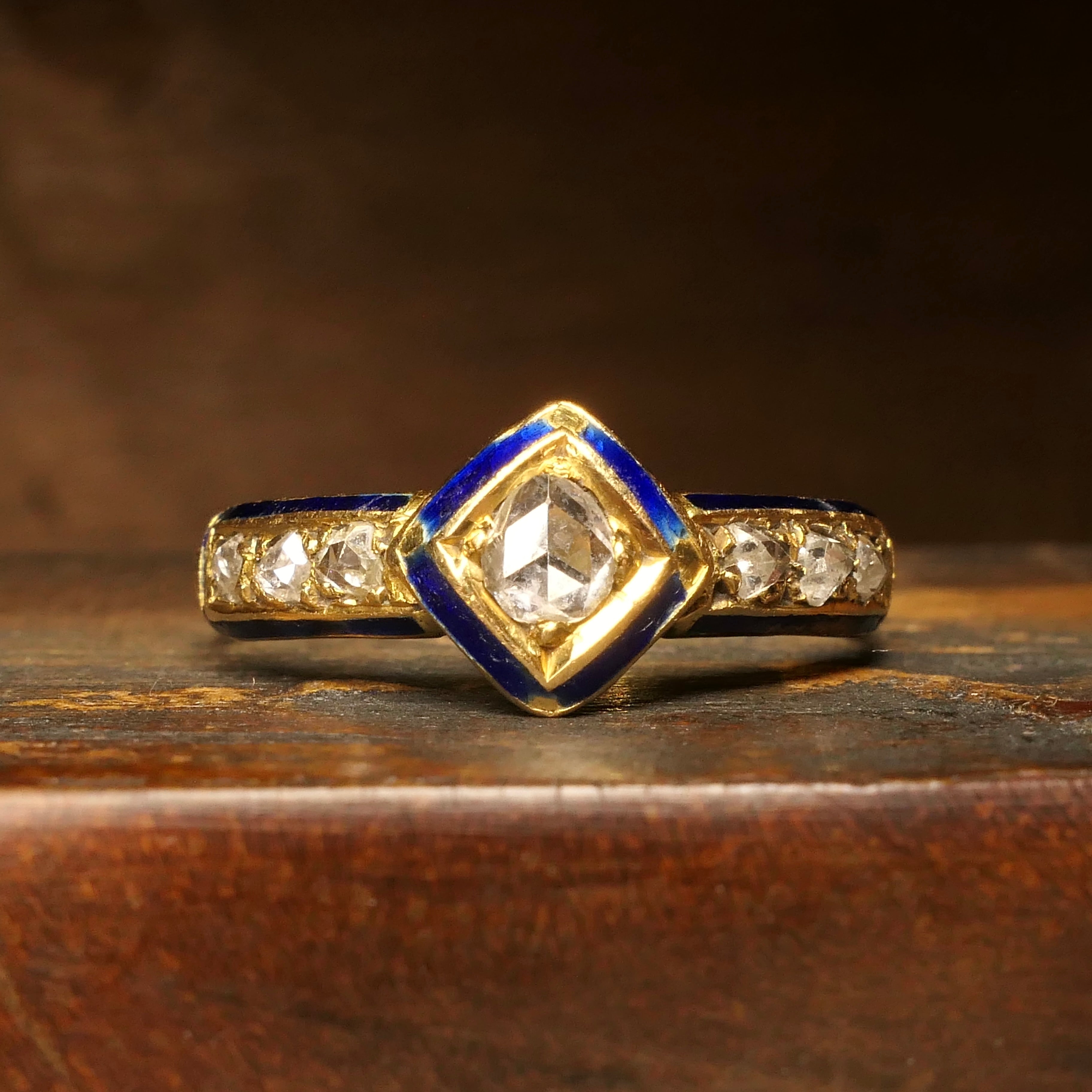 Victorian, 18ct Gold, Rose Cut Diamond & Blue Enamel Ring