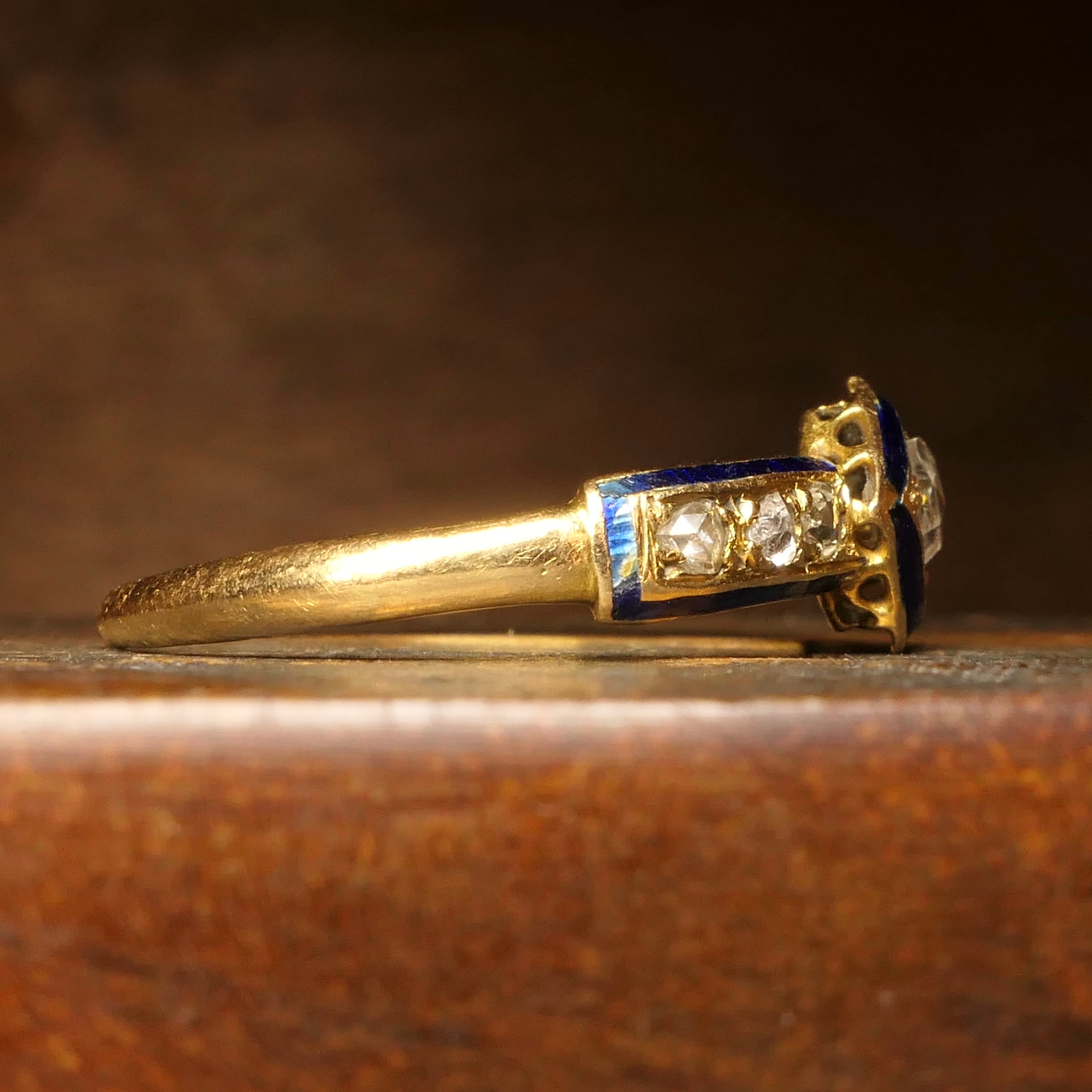 Victorian, 18ct Gold, Rose Cut Diamond & Blue Enamel Ring