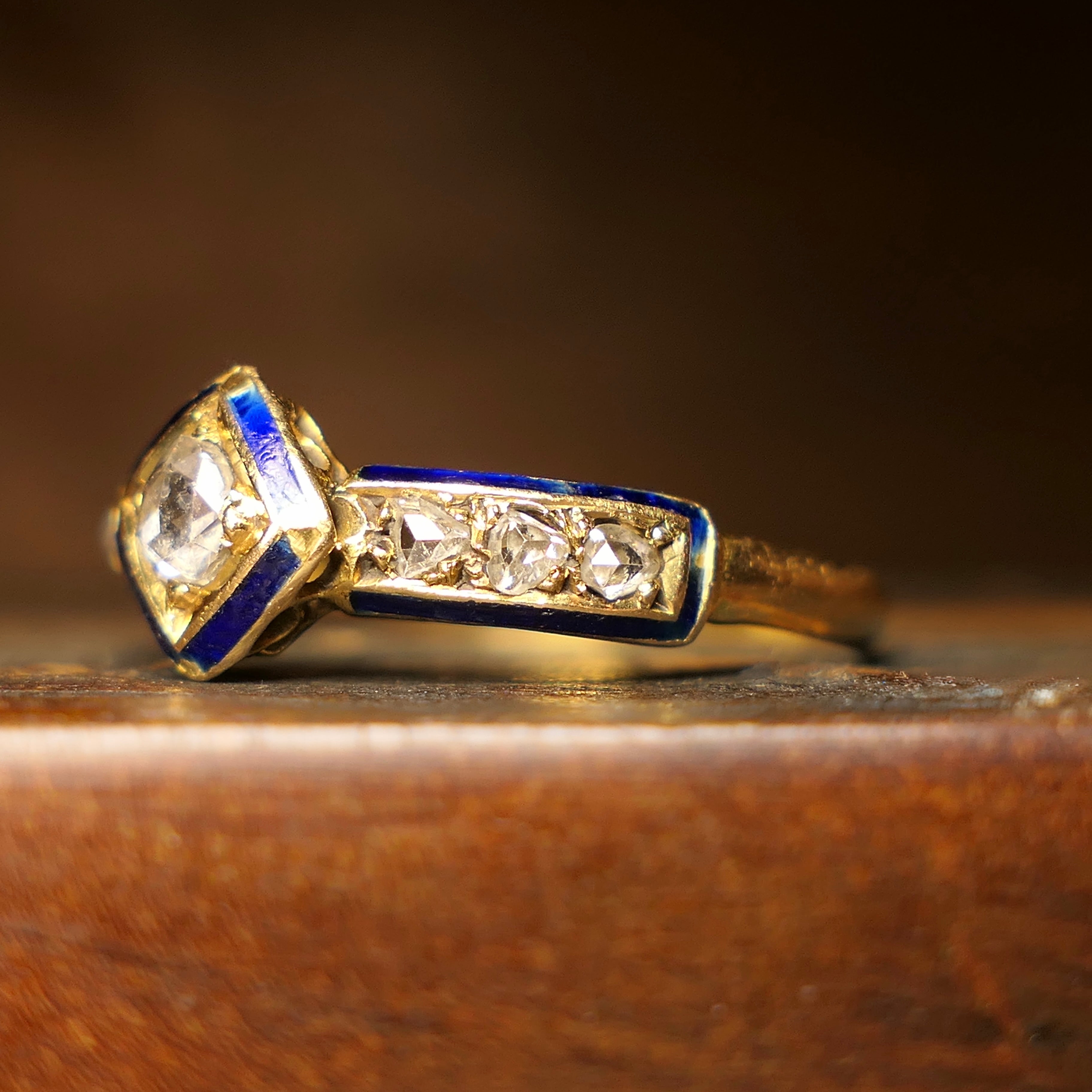 Victorian, 18ct Gold, Rose Cut Diamond & Blue Enamel Ring