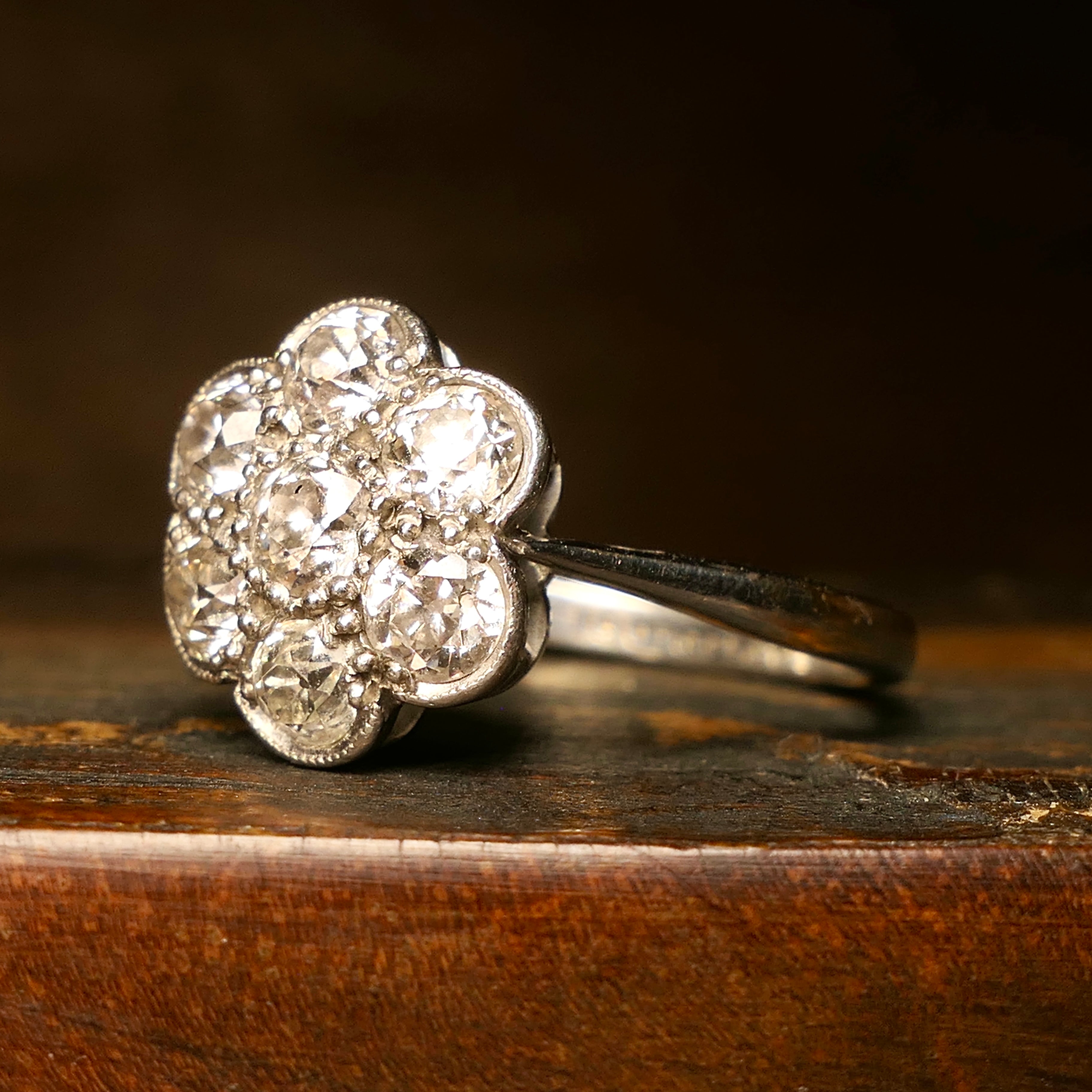 Original Art deco, 18ct White Gold & Platinum, Old Cut Diamond Daisy Cluster Ring, c1920s/30s