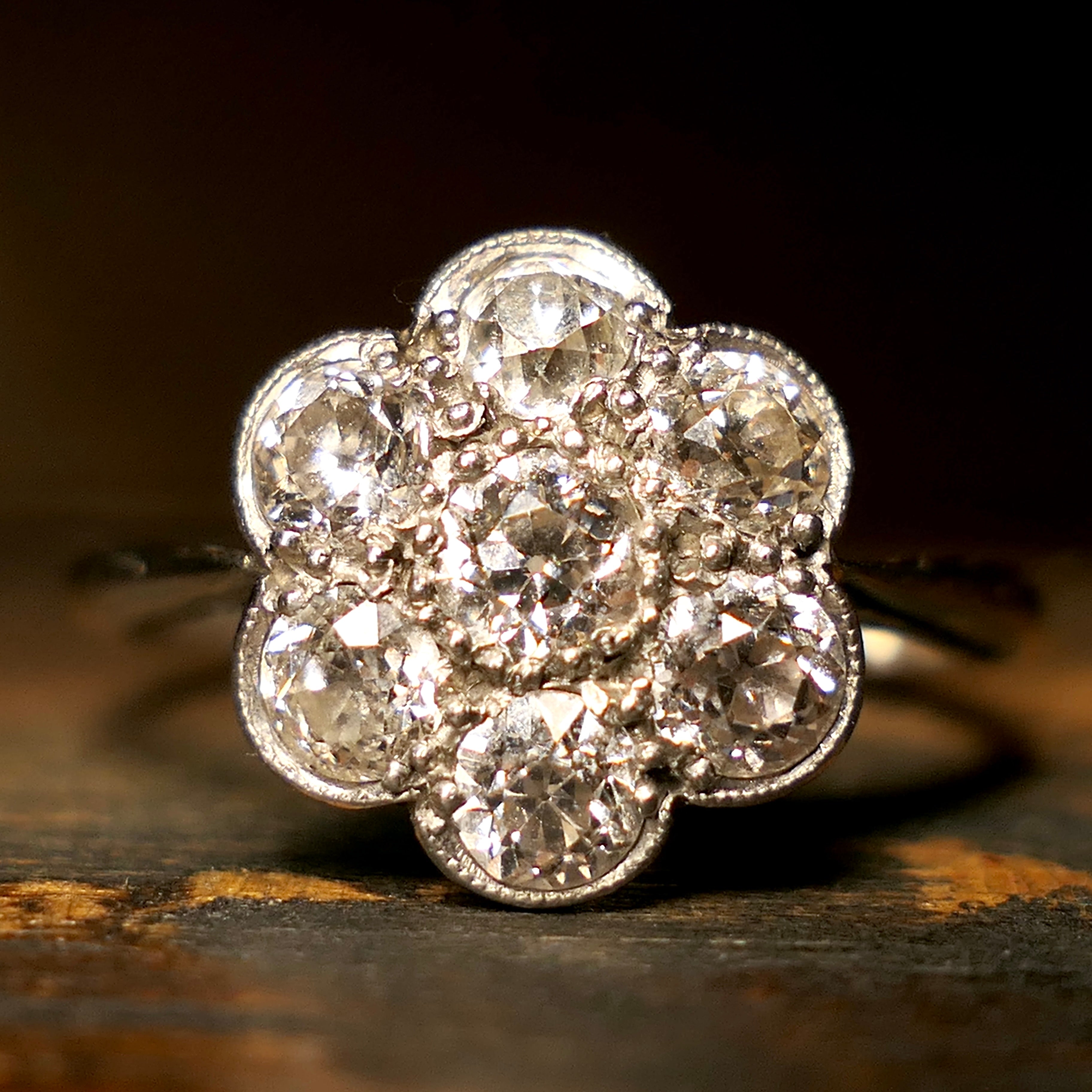Original Art deco, 18ct White Gold & Platinum, Old Cut Diamond Daisy Cluster Ring, c1920s/30s