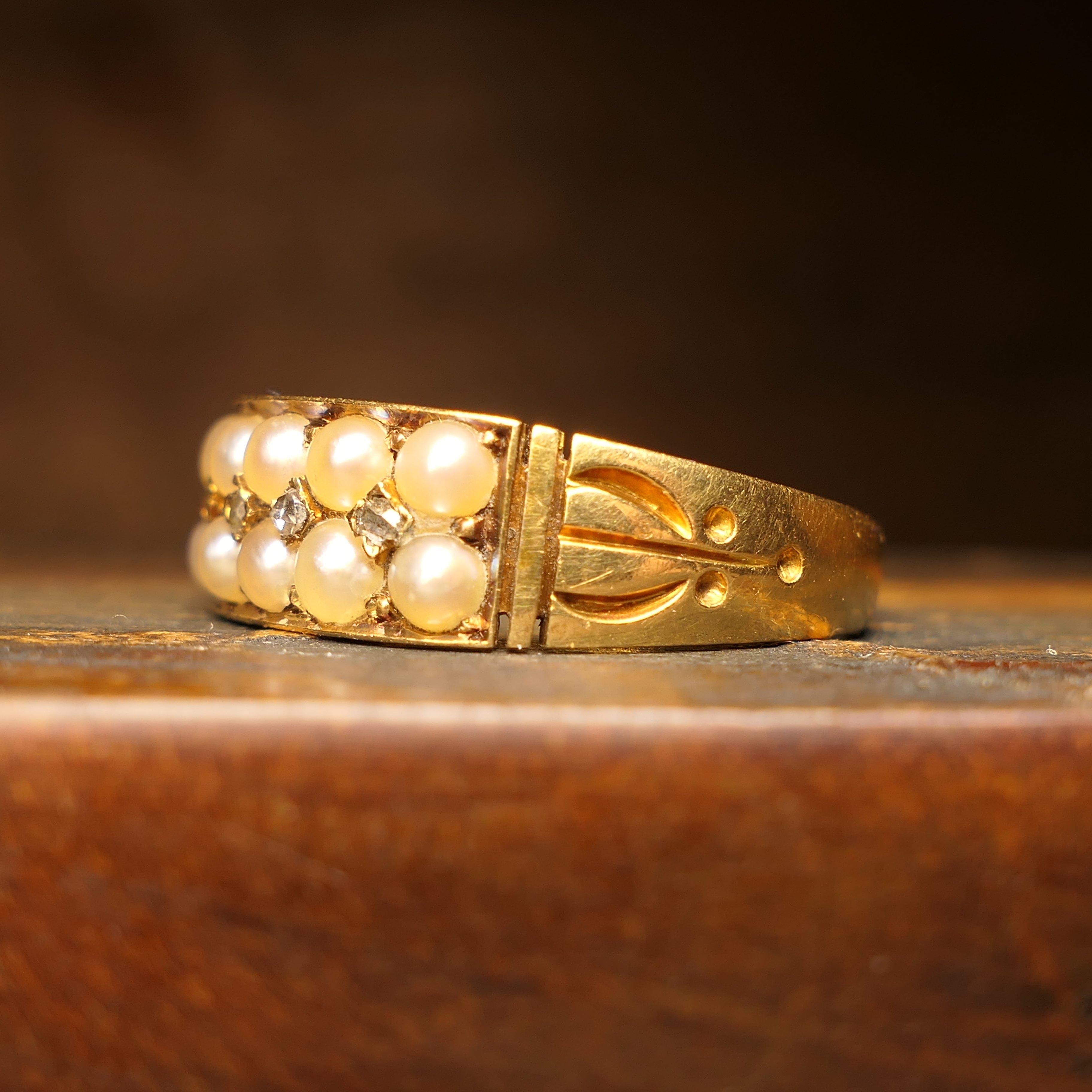Victorian, 18ct Gold, Rose Cut Diamond & Split Pearl ring, Hallmarked In 1883