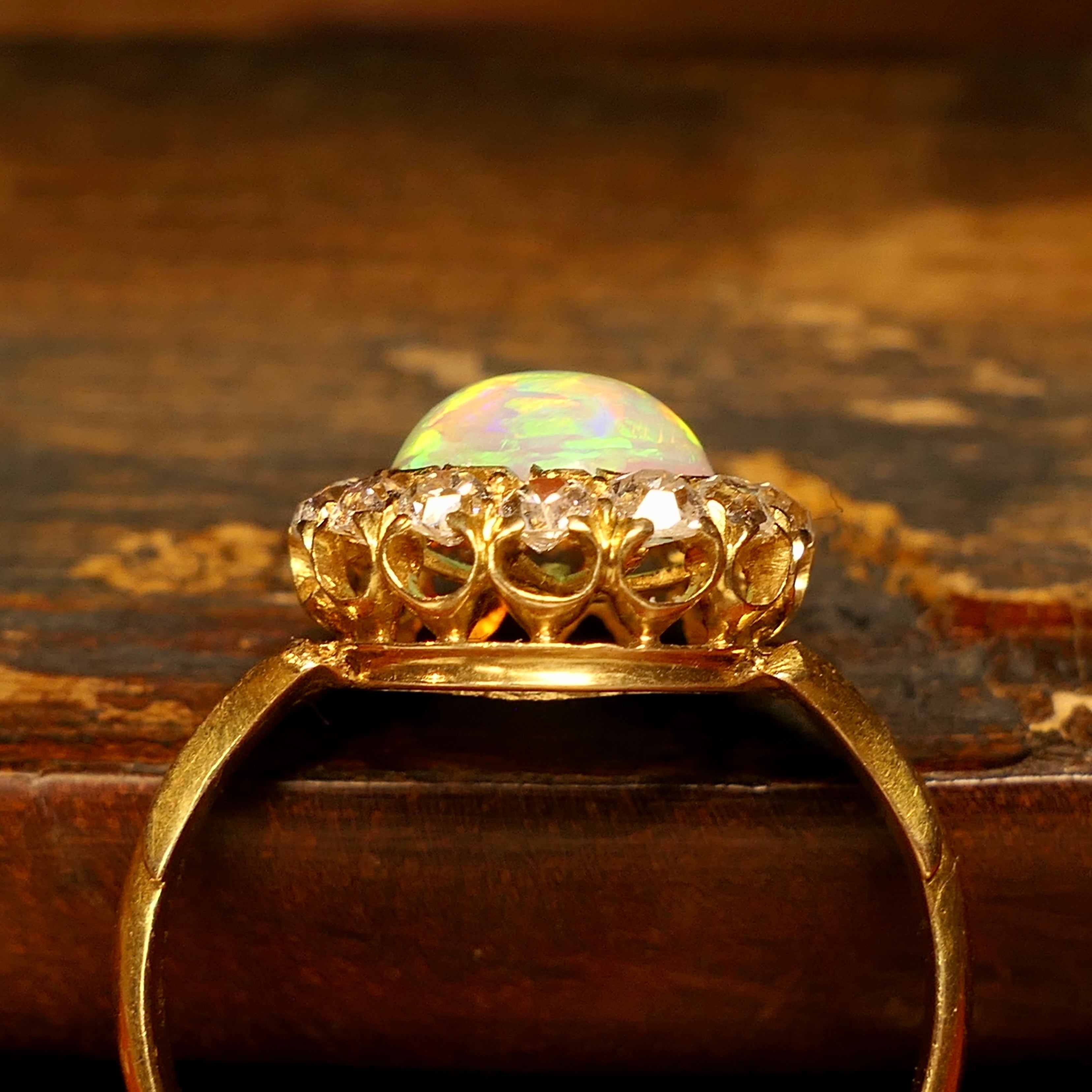 Antique, Opal & Old Cut Diamond, 18ct Gold, Cluster Ring