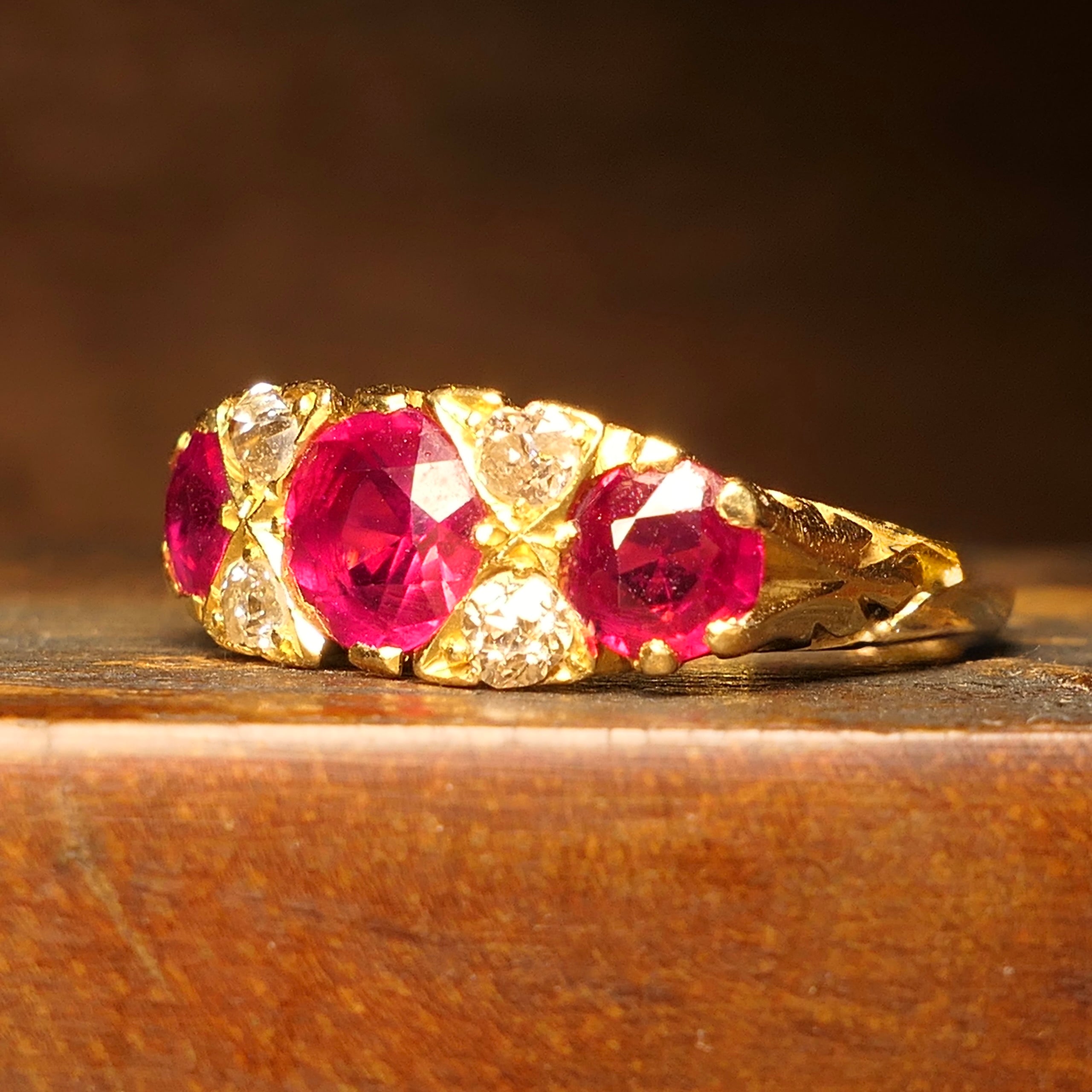 Edwardian 18ct Gold, Synthetic Ruby & Old Cut Diamond Half Hoop Ring, Hallmarked in 1909