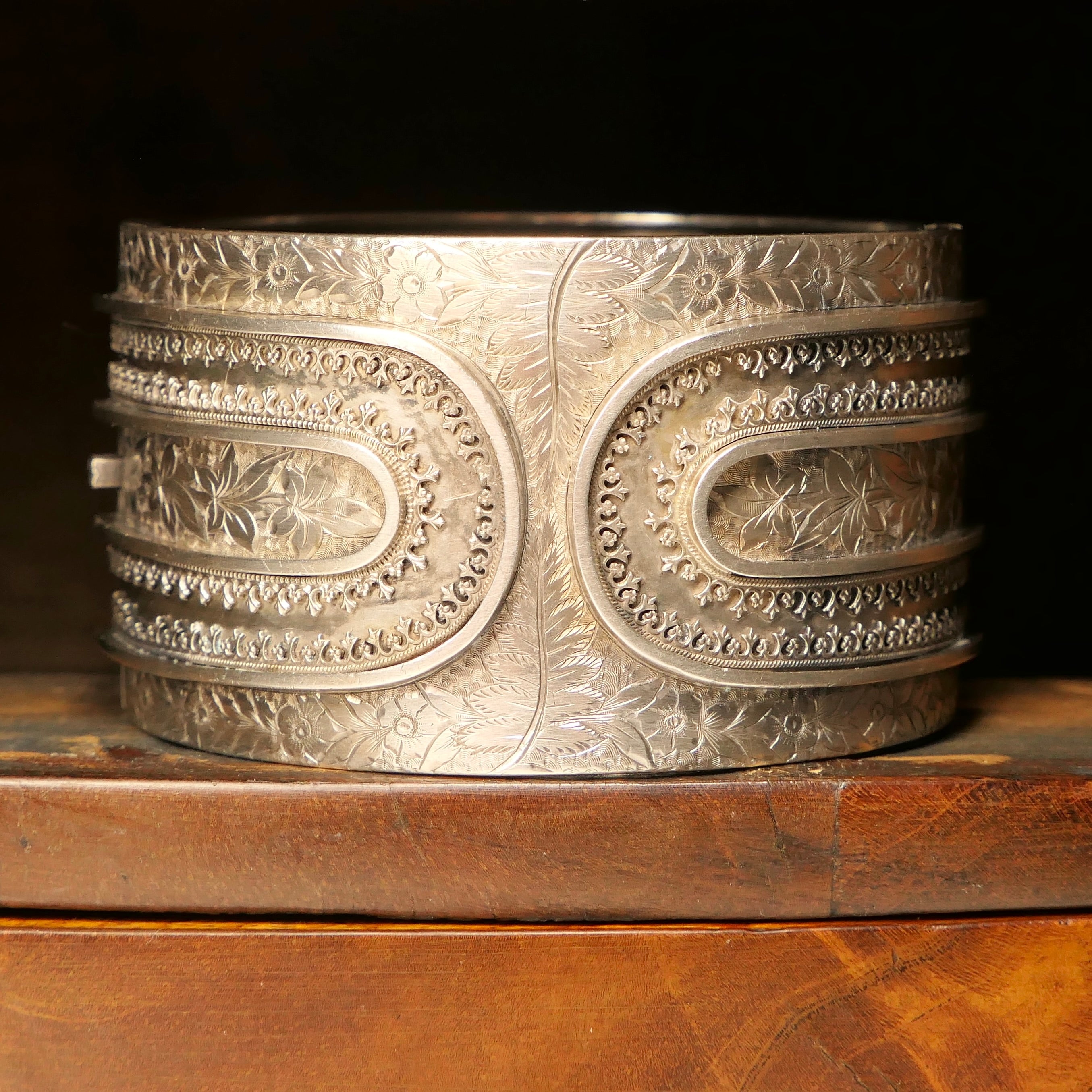 Victorian, Aesthetic Movement, Sterling Silver, Wide Cuff Bangle
