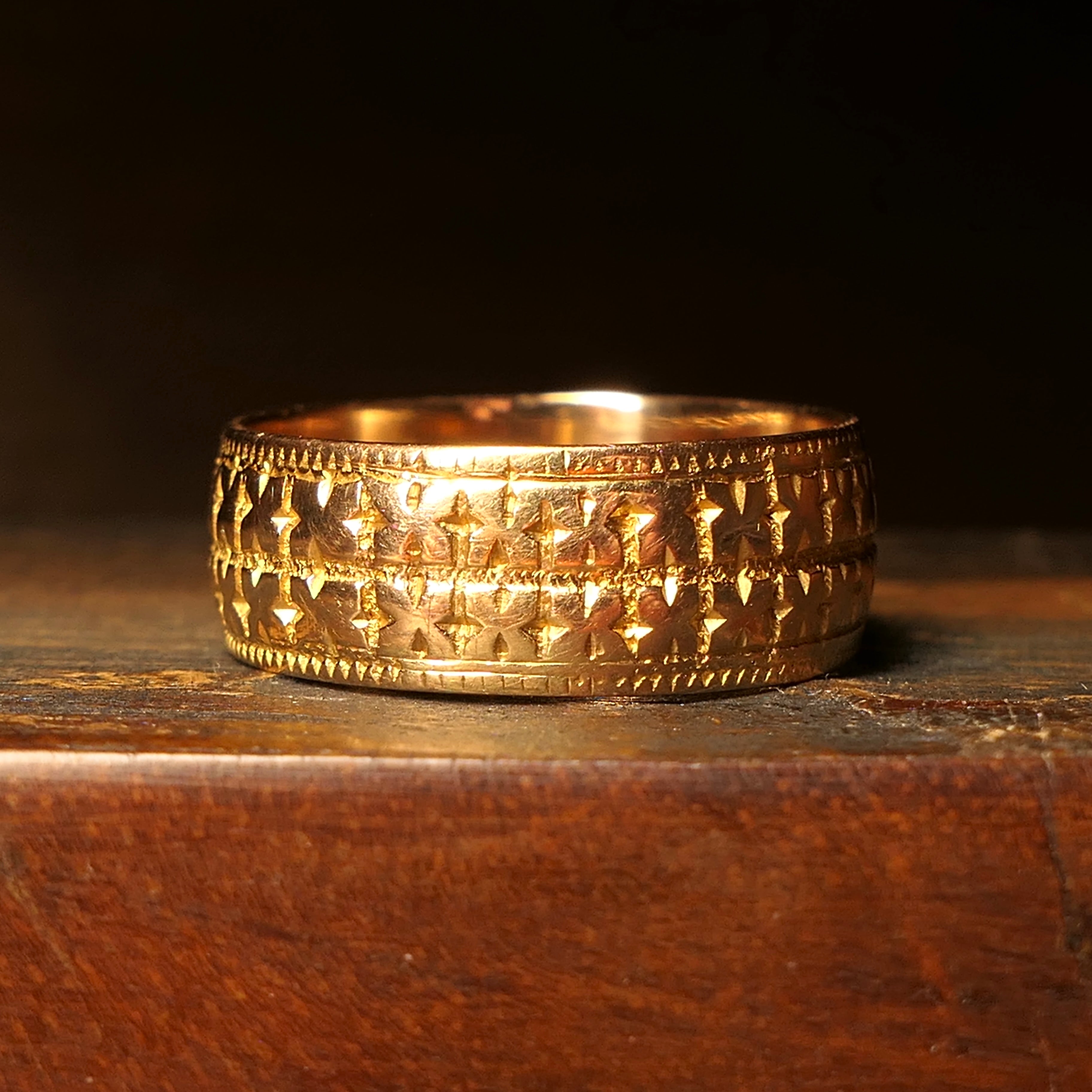 Victorian, 18ct Rose Gold, Embossed, Wide Band Ring, Hallmarked 1889