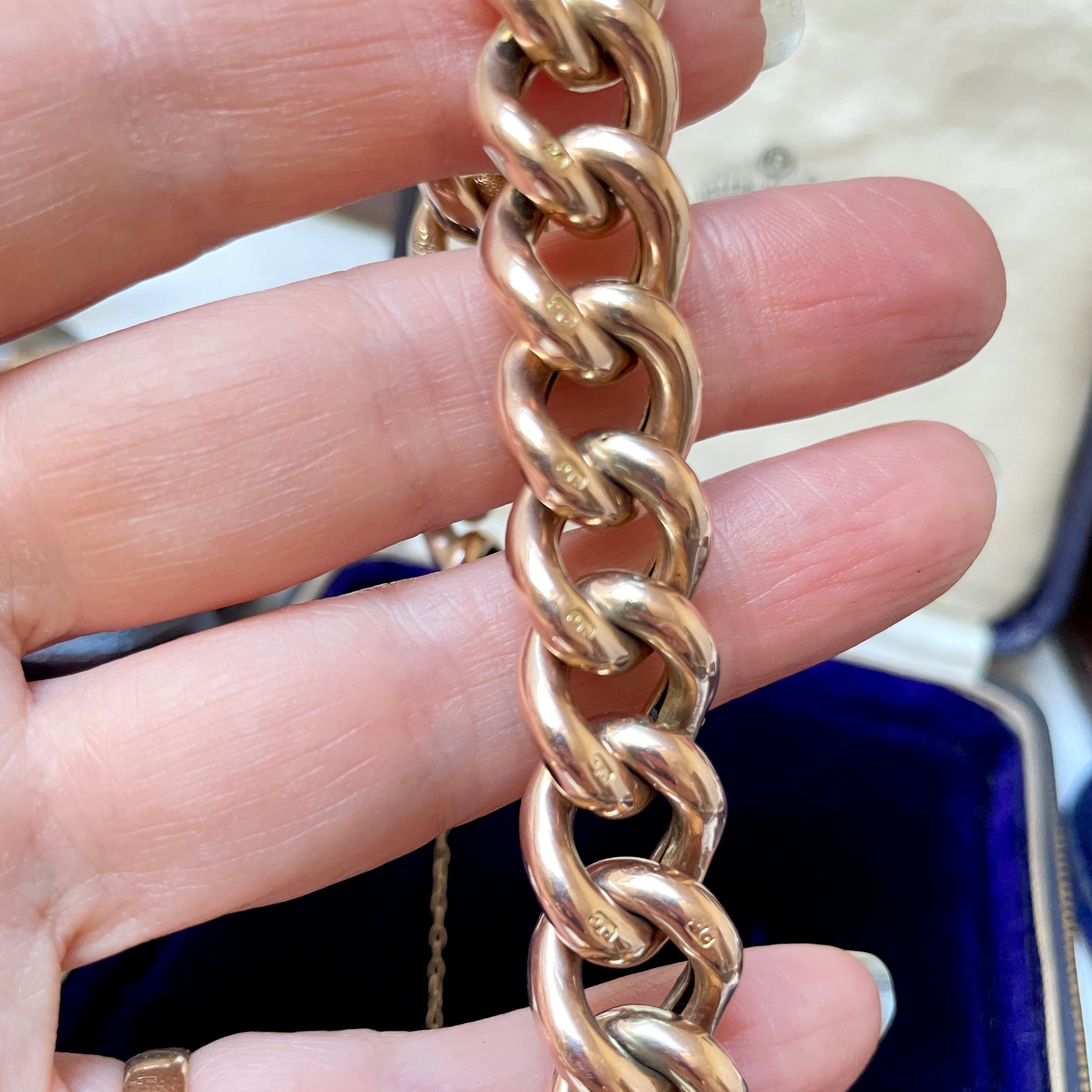 🧡 RESERVED Antique 9ct Gold Chunky Curb Link, Night & Day Bracelet, With Heart Padlock Clasp, 28.3 Grams