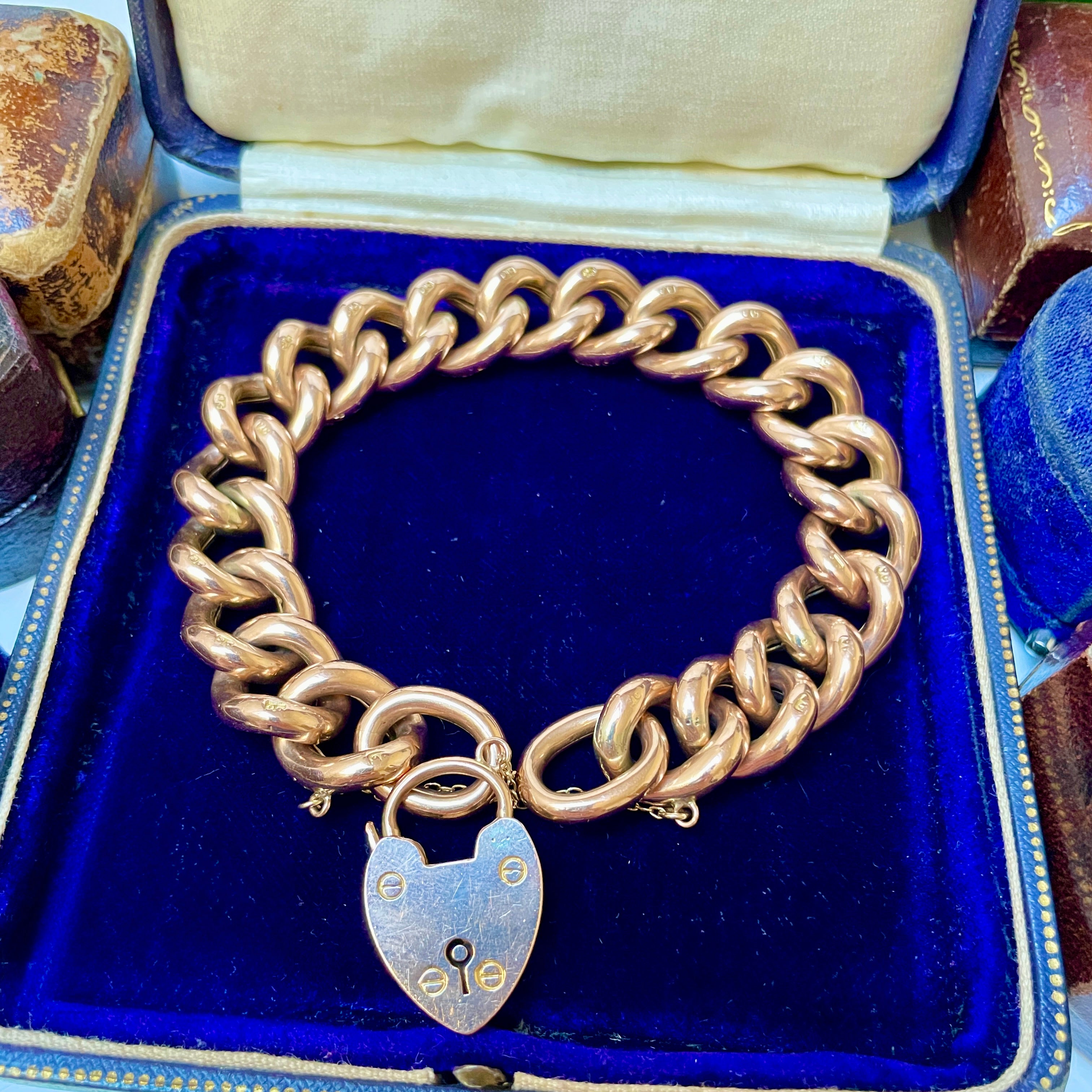 🧡 RESERVED Antique 9ct Gold Chunky Curb Link, Night & Day Bracelet, With Heart Padlock Clasp, 28.3 Grams