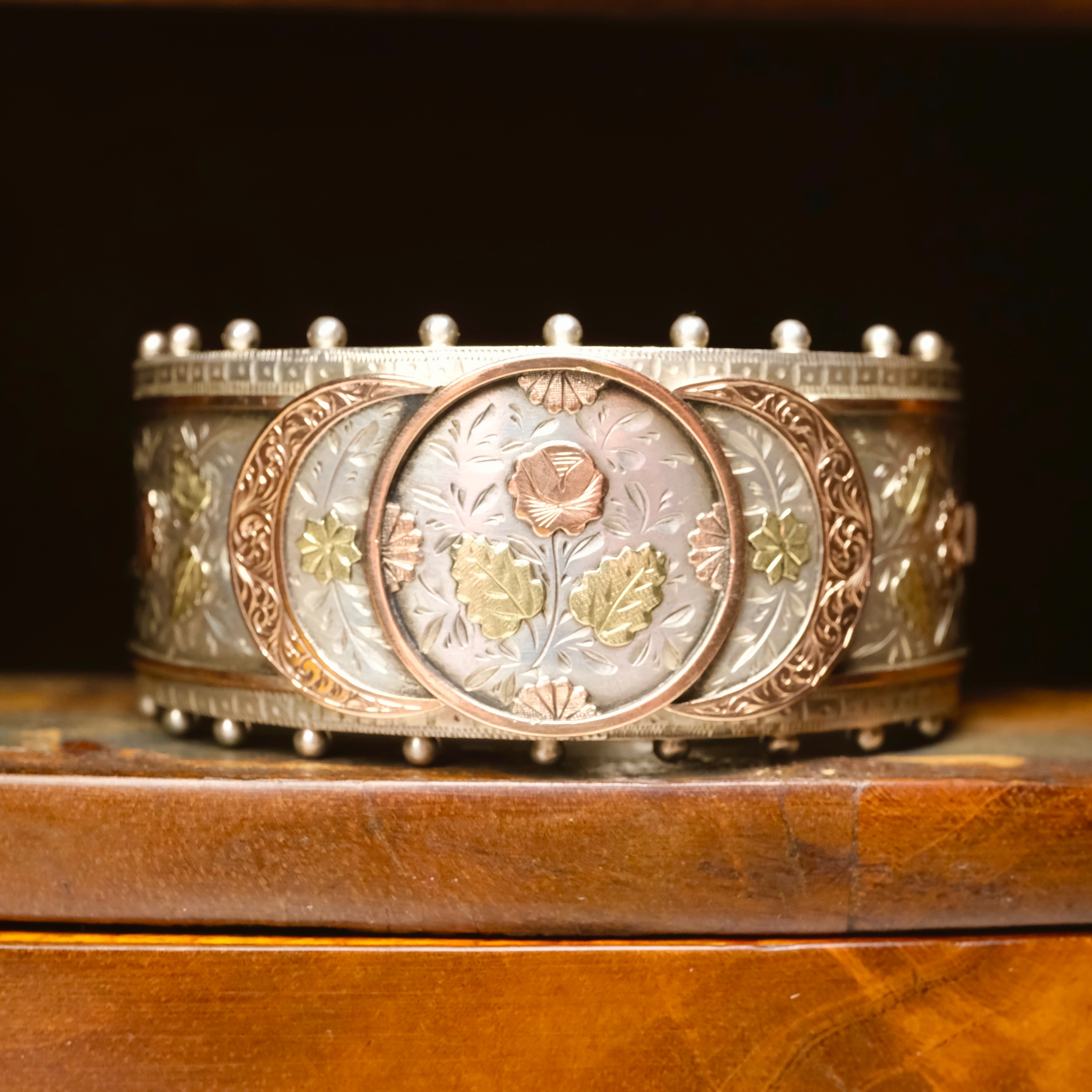 Victorian, Aesthetic Movement, Sterling Silver & Gold, hinged Bangle, Hallmarked in 1883