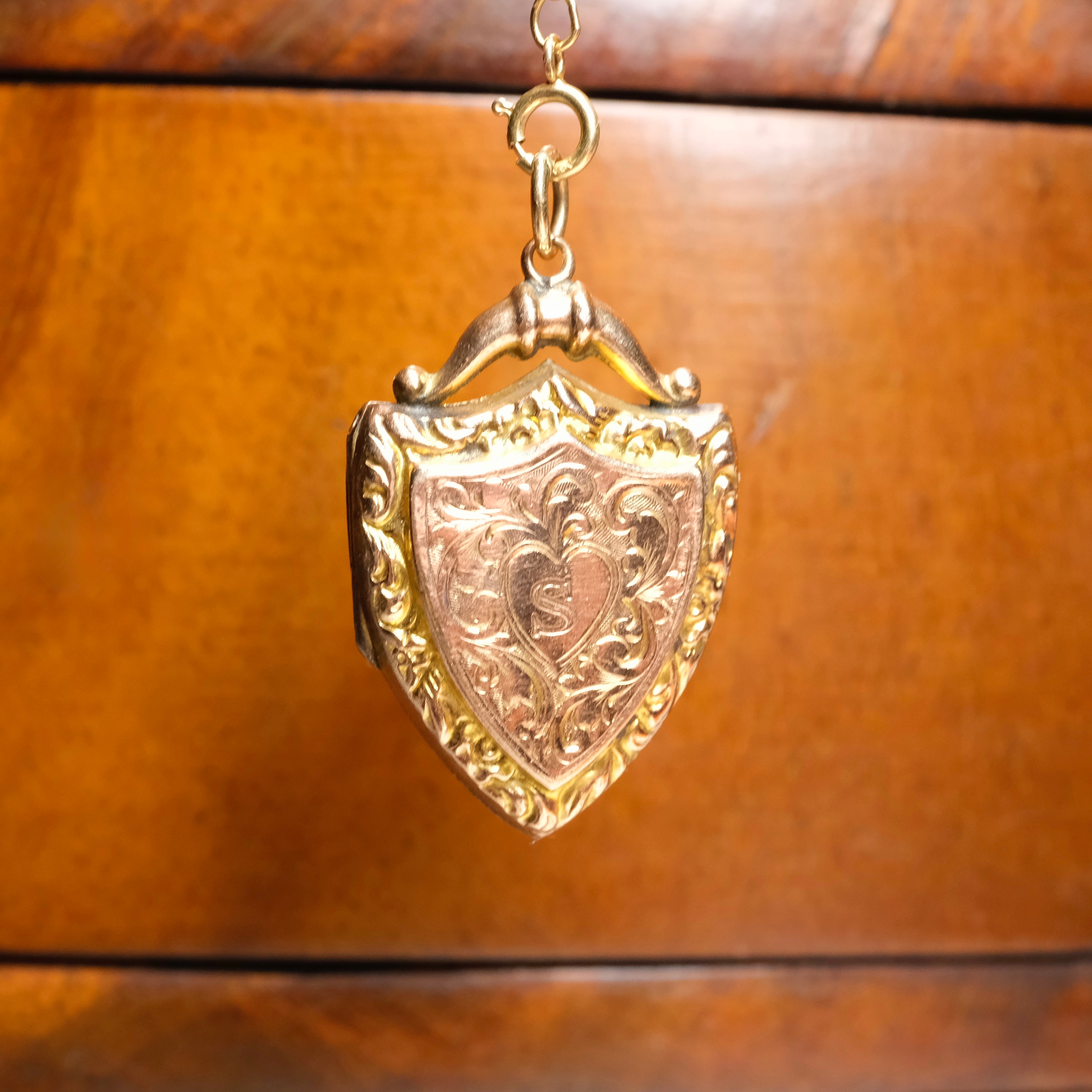 Antique 9ct Gold, Hand Engraved, Back & Front, Shield Locket Pendant