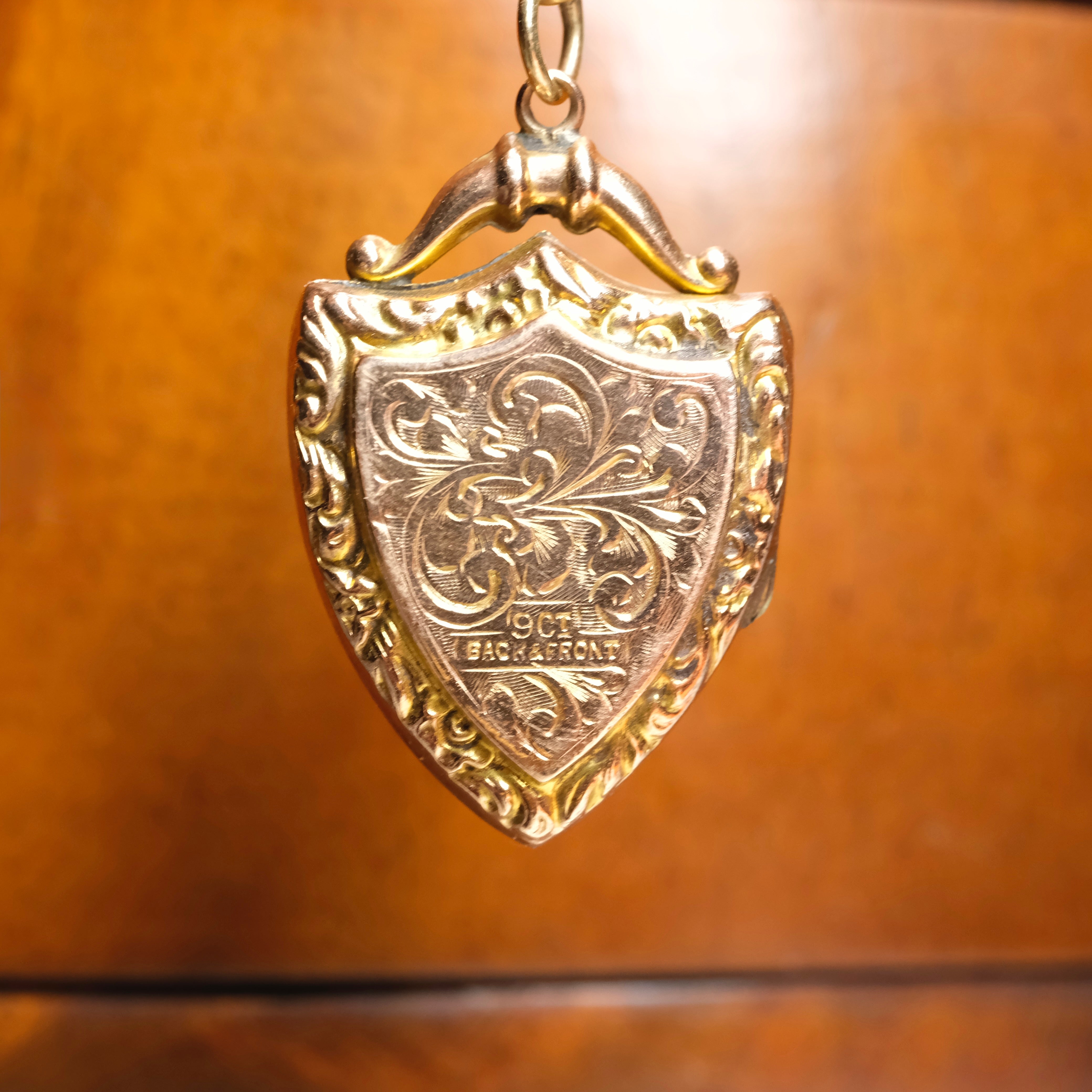 Antique 9ct Gold, Hand Engraved, Back & Front, Shield Locket Pendant