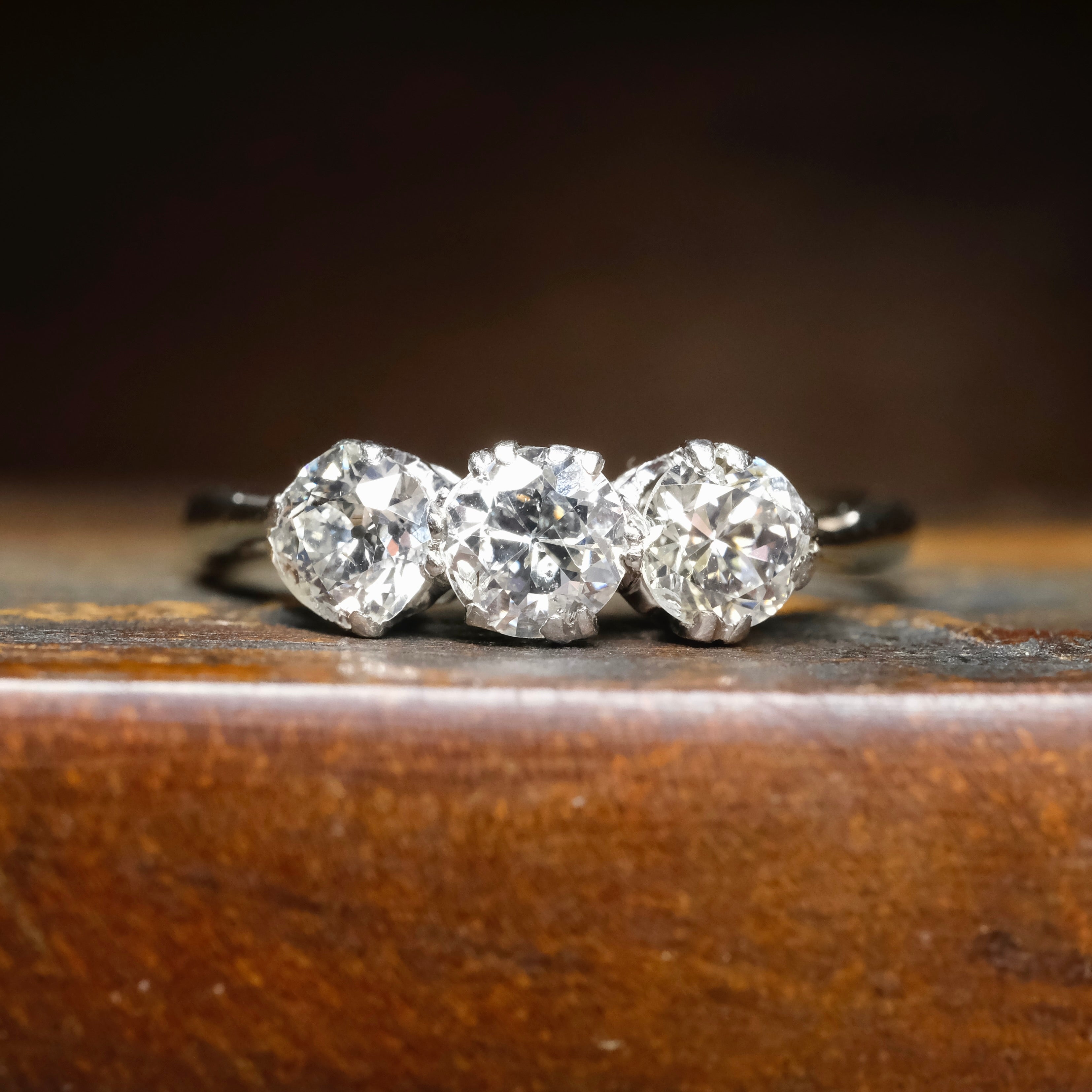 1920s, Art Deco, 18ct White Gold Platinum & Old Cut Diamond, Three Stone Ring