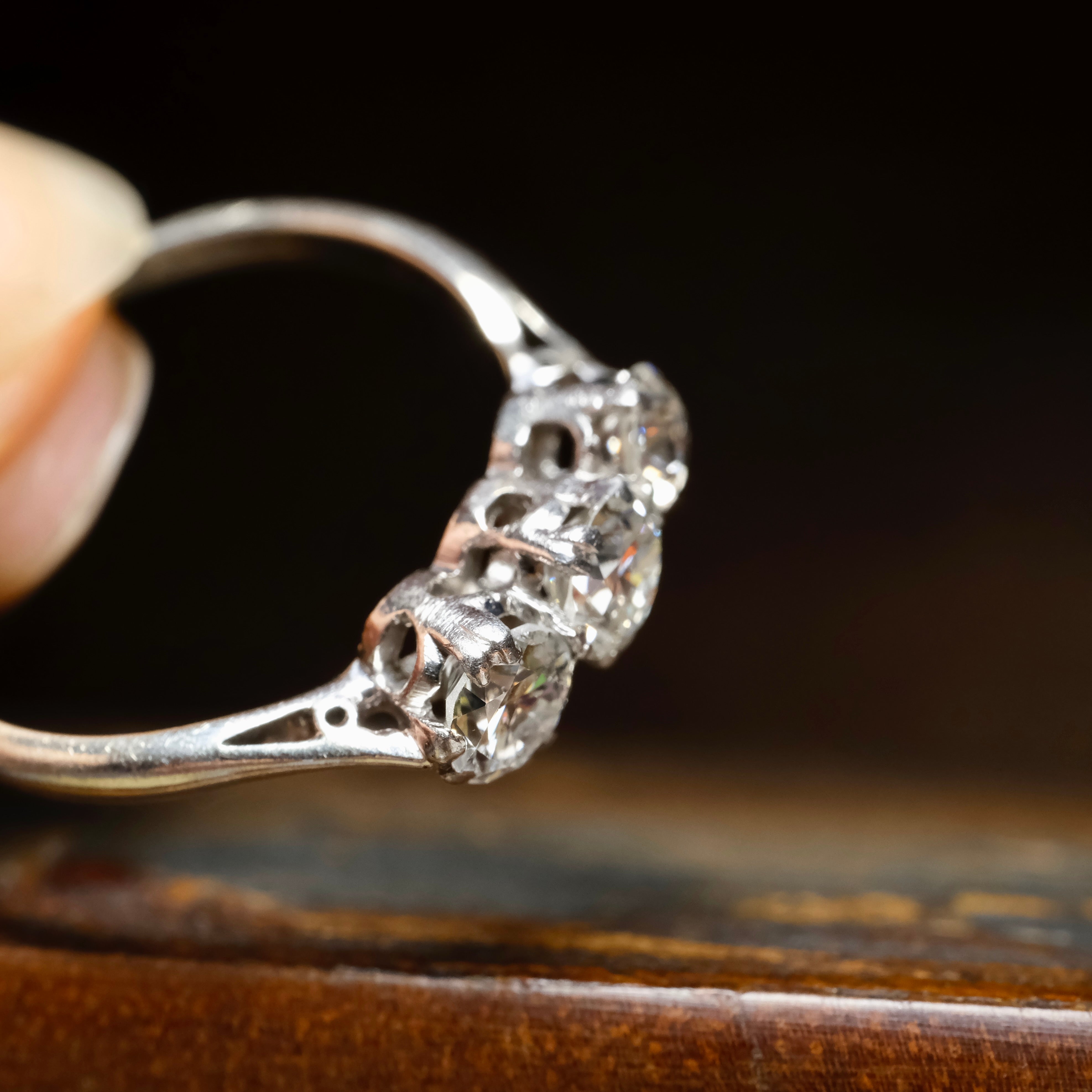 1920s, Art Deco, 18ct White Gold Platinum & Old Cut Diamond, Three Stone Ring