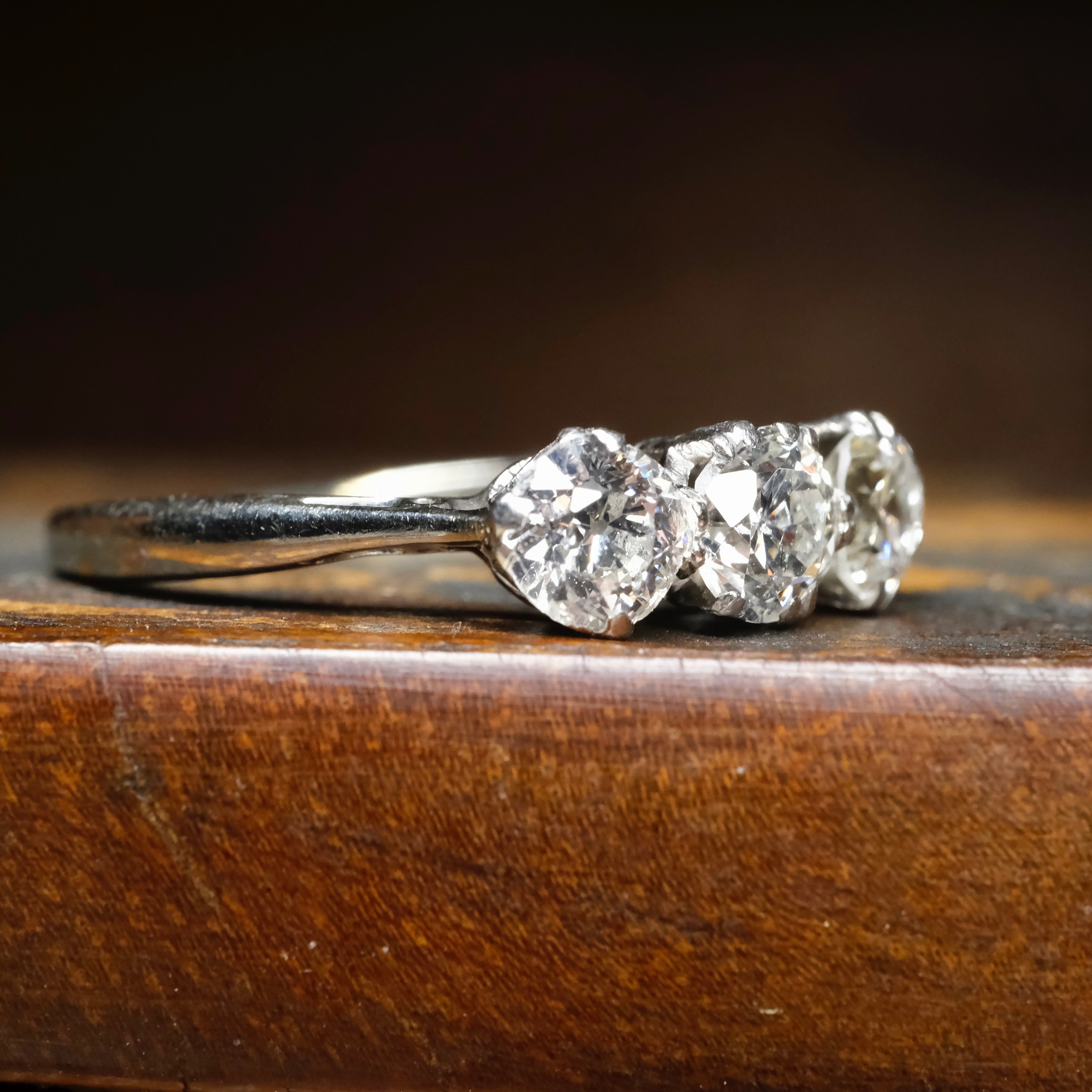 1920s, Art Deco, 18ct White Gold Platinum & Old Cut Diamond, Three Stone Ring